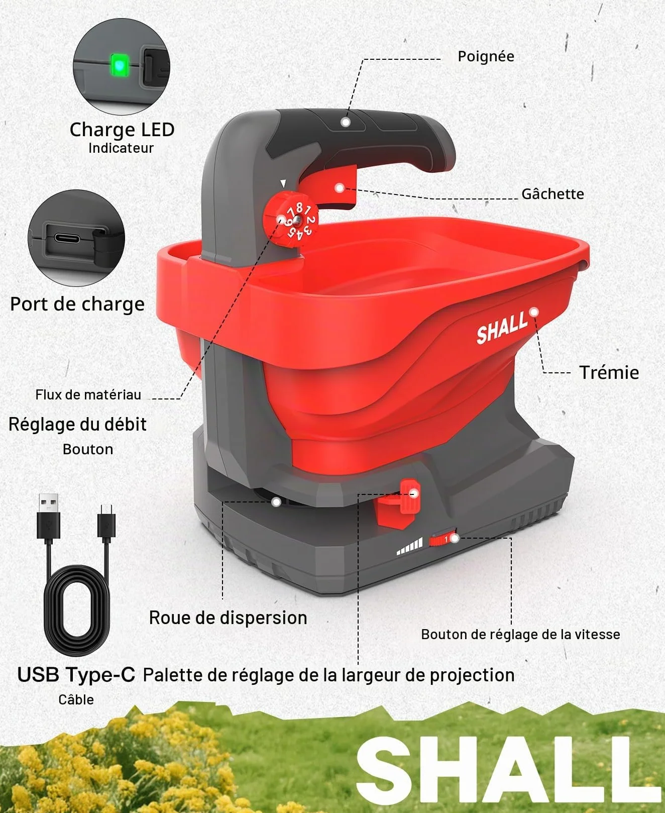 Shall Semoir Universel à Batterie Rechargeable, épandeur d'engrais électrique 7,2 V, adapté au salage des Routes, au déneigement et à l'ensemencement, Batterie et Chargeur Inclus
