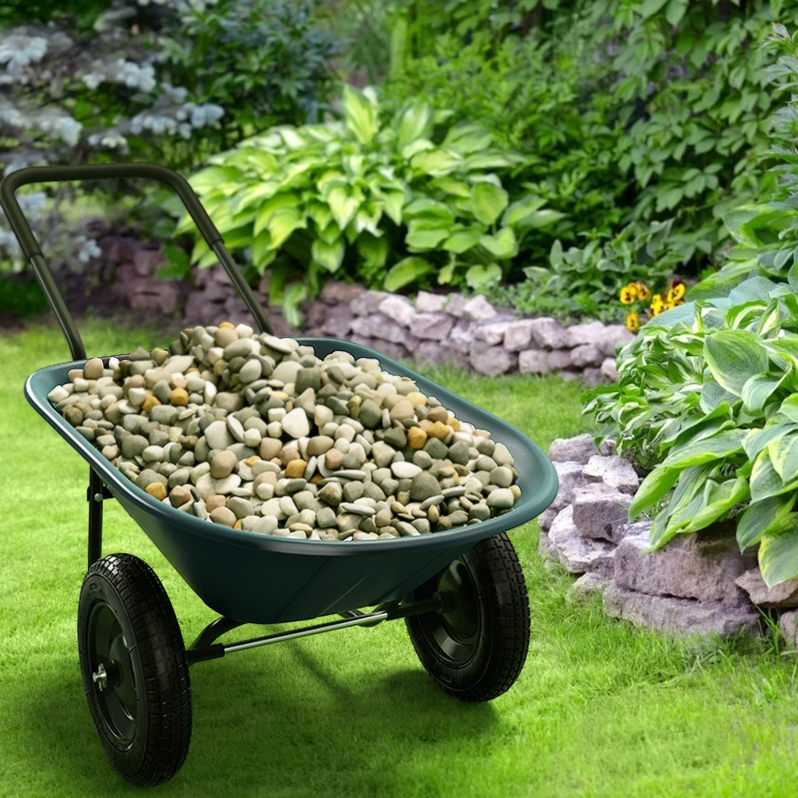 GYMAX Brouette de Jardin 2 Roues avec Cuve de 140 L, Chariot de Jardin avec Contenant en PP, Cadre en Fer Charge 100kg, Pneumatiques pour Tout Terrain, Convient pour Jardin, Patio et Entrepôt (Vert)