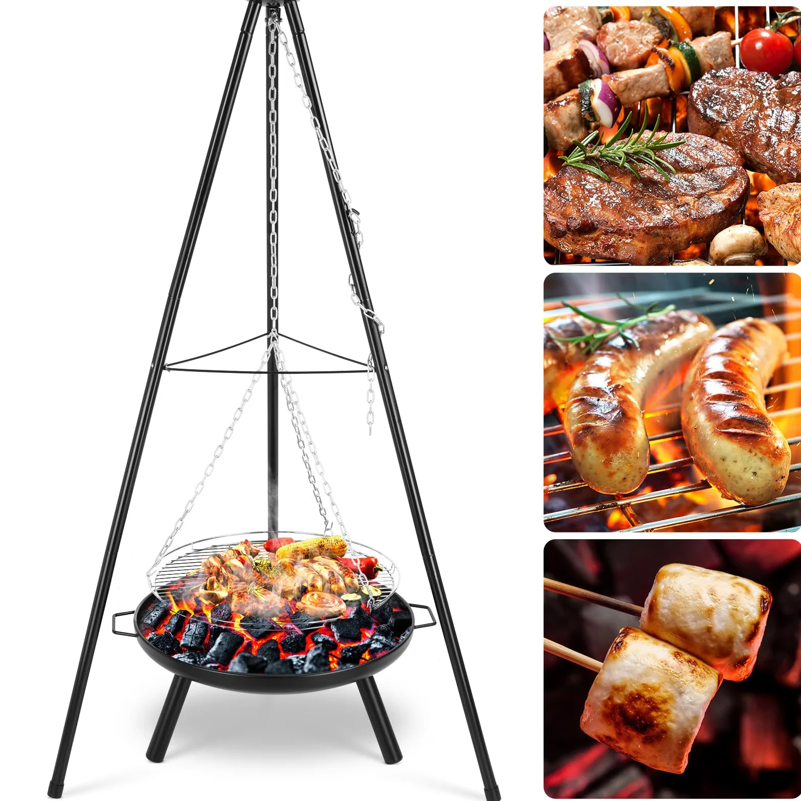 TLSUNNY Barbecue Pivotant avec Brasero, Barbecue Trépied avec Chaîne, Barbecue Charbon de Bois, Réglable en Hauteur de 200 cm, Ø68 cm Brasero avec Poignée, Foyer Extérieur pour Griller et Chauffer