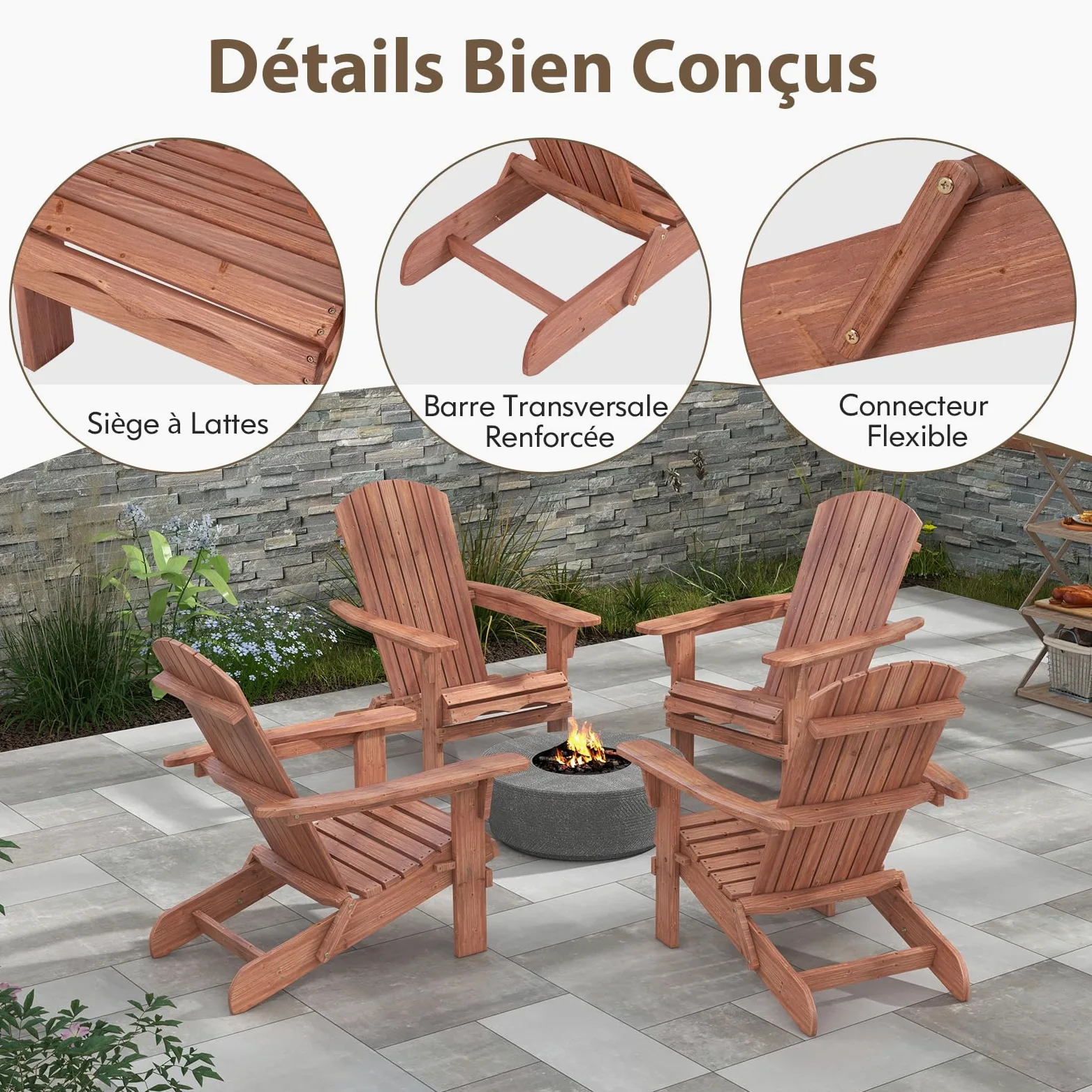 GOPLUS Lot de 2 Chaises Adirondack, Chaise d'Extérieur Pliable avec Cadre Bois Massif, Dossier Incurvé et Accoudoirs Larges, Max. 180 Kg, pour Terrasse, Jardin, Piscine (89 x 71 x 94 cm,Naturel)