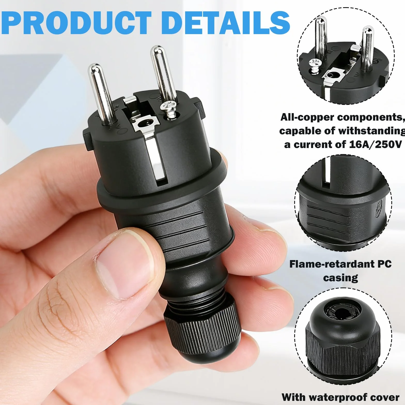 Fiche Male Prise Electrique 250V 16A Anti-torsion Noir