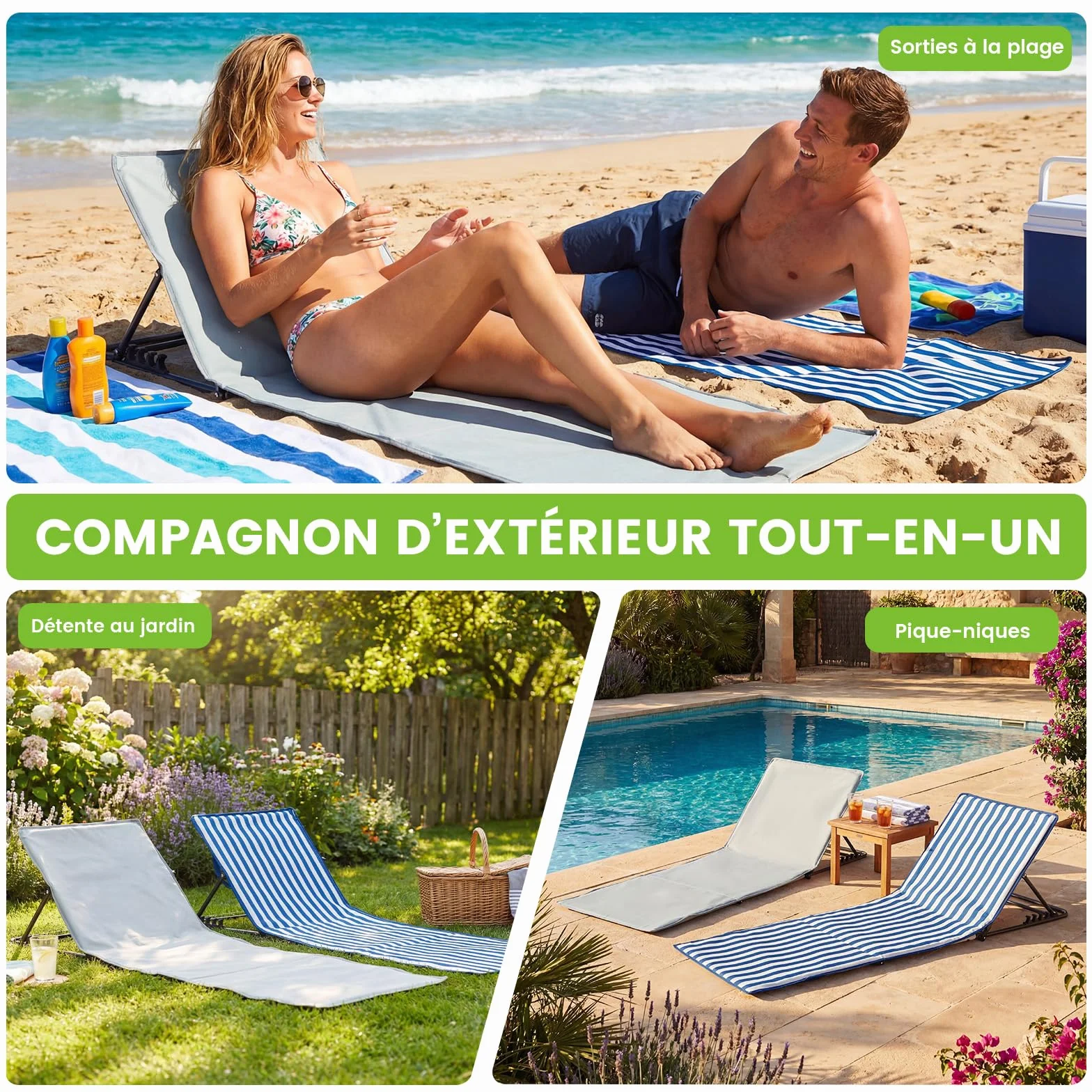 Palawano 2PCS Bain de Soleil Réglable 5 Positions, Matelas de Plage Pliante et Légère Bleu Blanc
