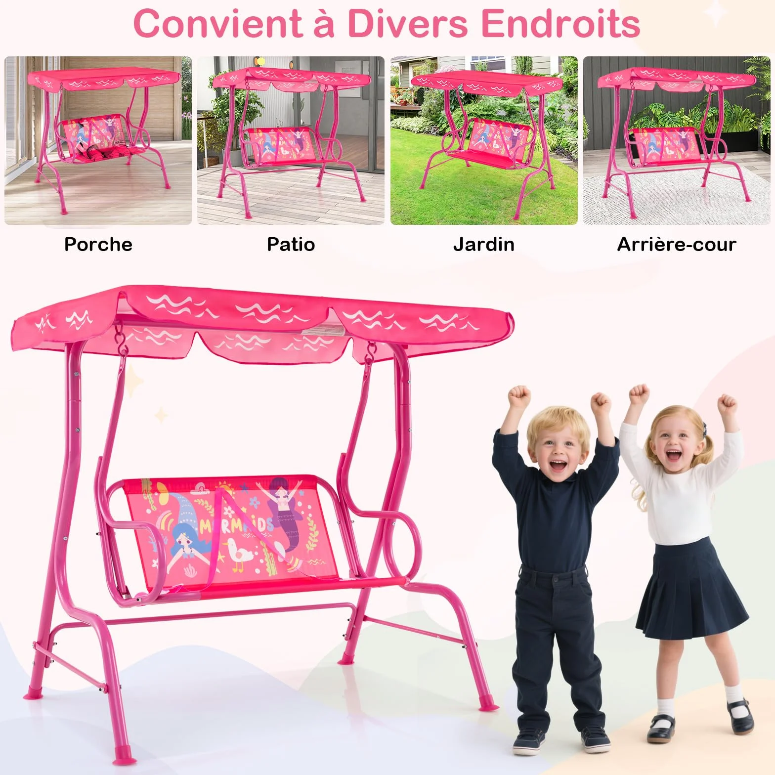 GOPLUS Balancelle de Jardin 2 Places avec Auvent Réglable Ceintures de Sécurité 80 KG Sirène Rose