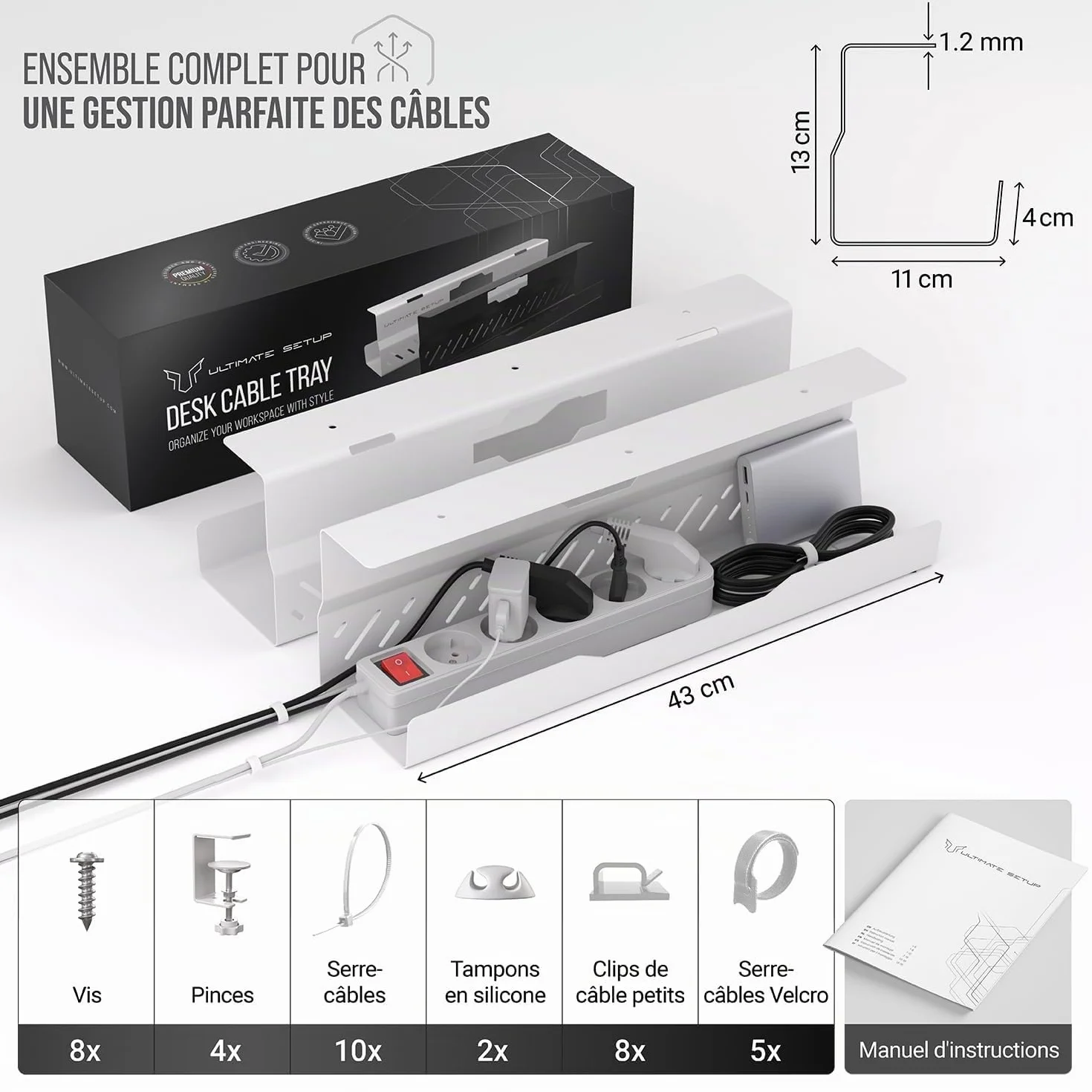 Cable Management Bureau sans percer - Chemin de Câble Flexible Grande Capacité Blanc Lot de 2