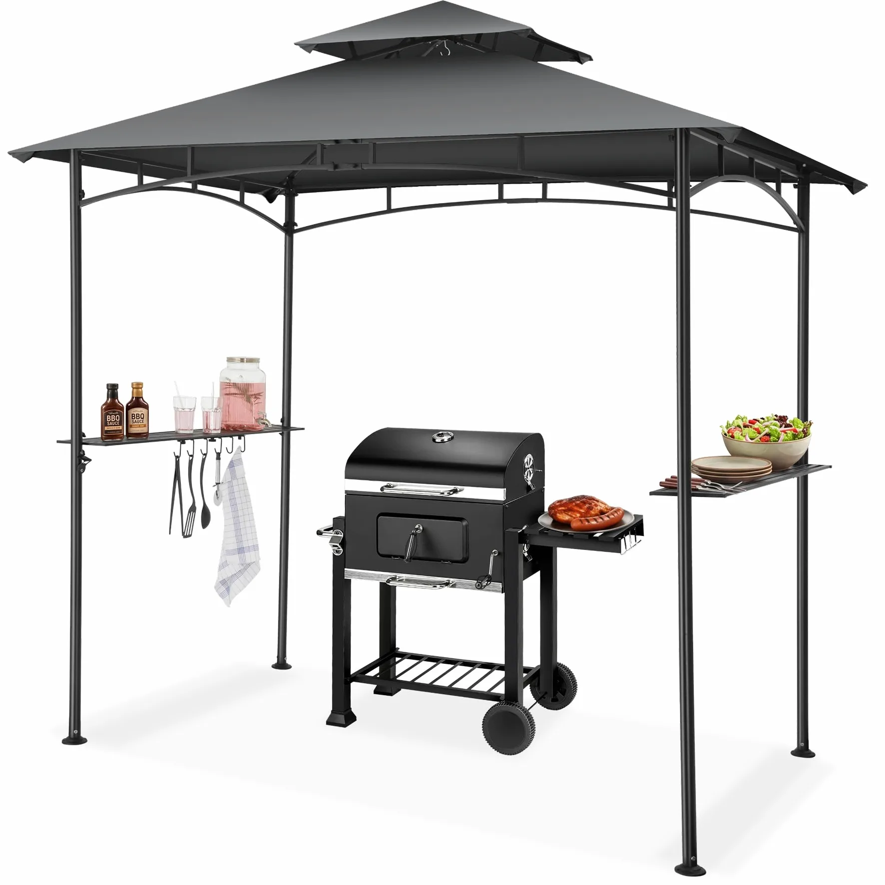 tectake® Abri de Jardin pour Barbecue Charbon, Barbecue Electrique, Plancha, Cuisine exterieure, 240x150x250 cm, Abri Barbecue Toile étanche, Protection UV, Double toiture, Résistant aux intempéries