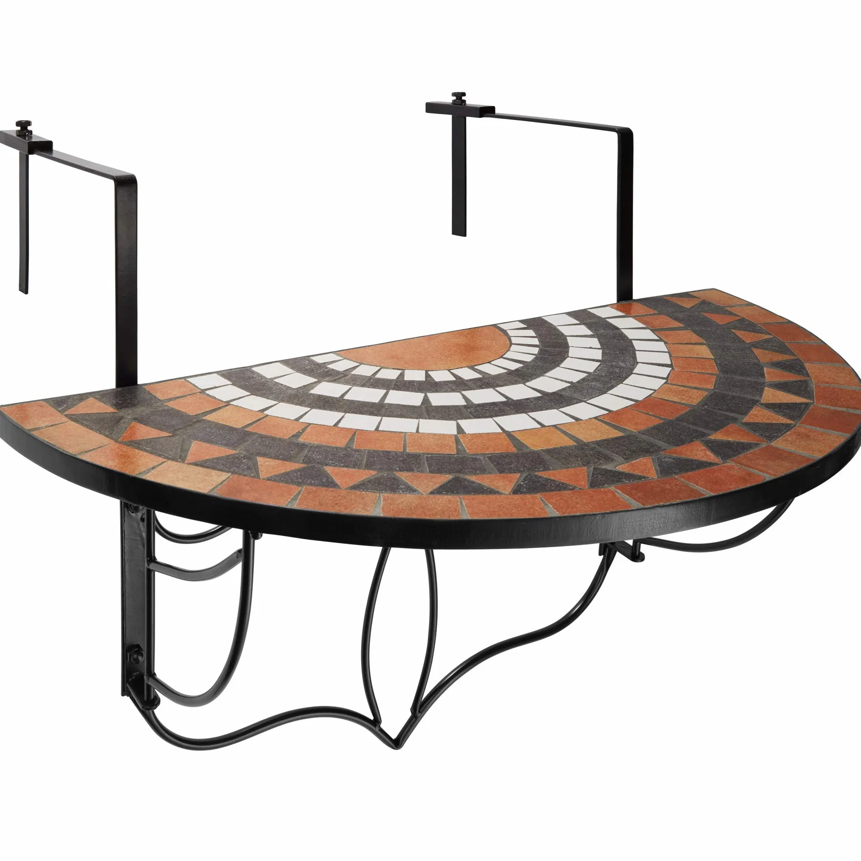 tectake® Table Balcon Suspendue et Rabattable en mosaïque de Pierre, 75x65x62 cm, Petite Table Exterieur, Plateau de Table Design Demi Lune, Max. 20 Kg, Gueridon, Decoration Balcon, Terrasse, Jardin