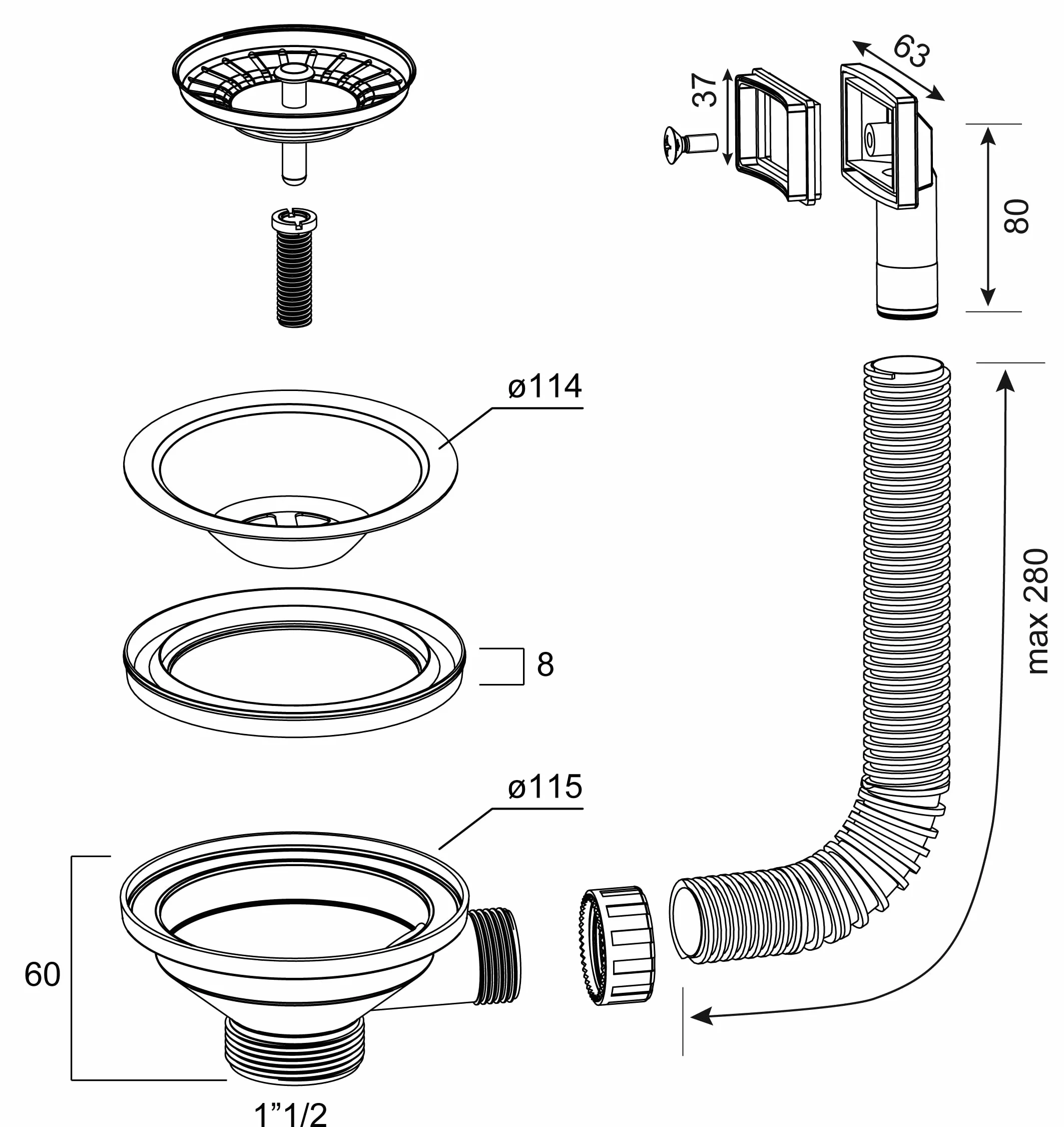 Bonde 3"1/2 Évier Inox Céramique Trop-plein Flexible