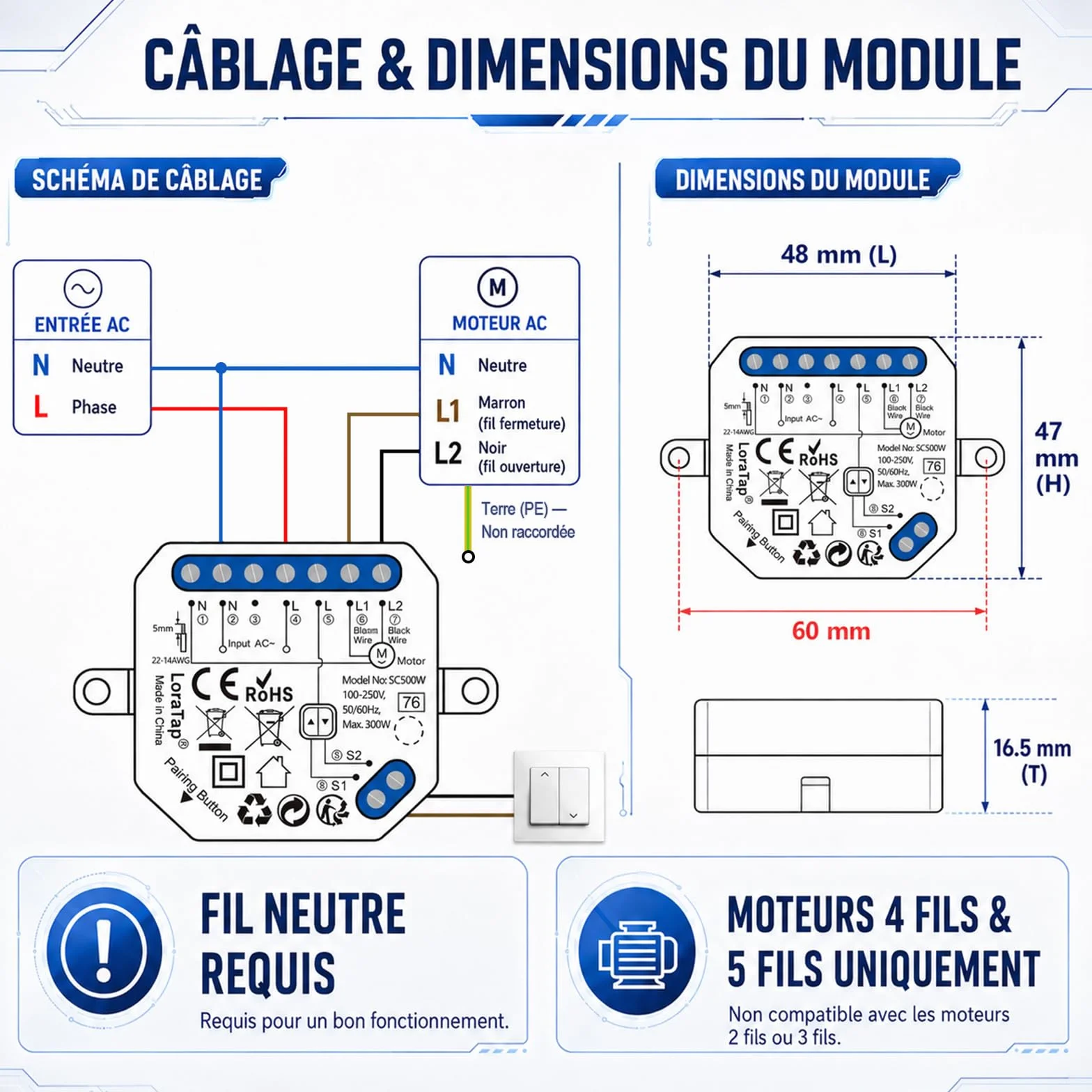 LoraTap Module Volet Roulant Connecté WiFi 2,4GHz Moteur AC 4 Fils 300W Commande Vocale Alexa Google Assistant