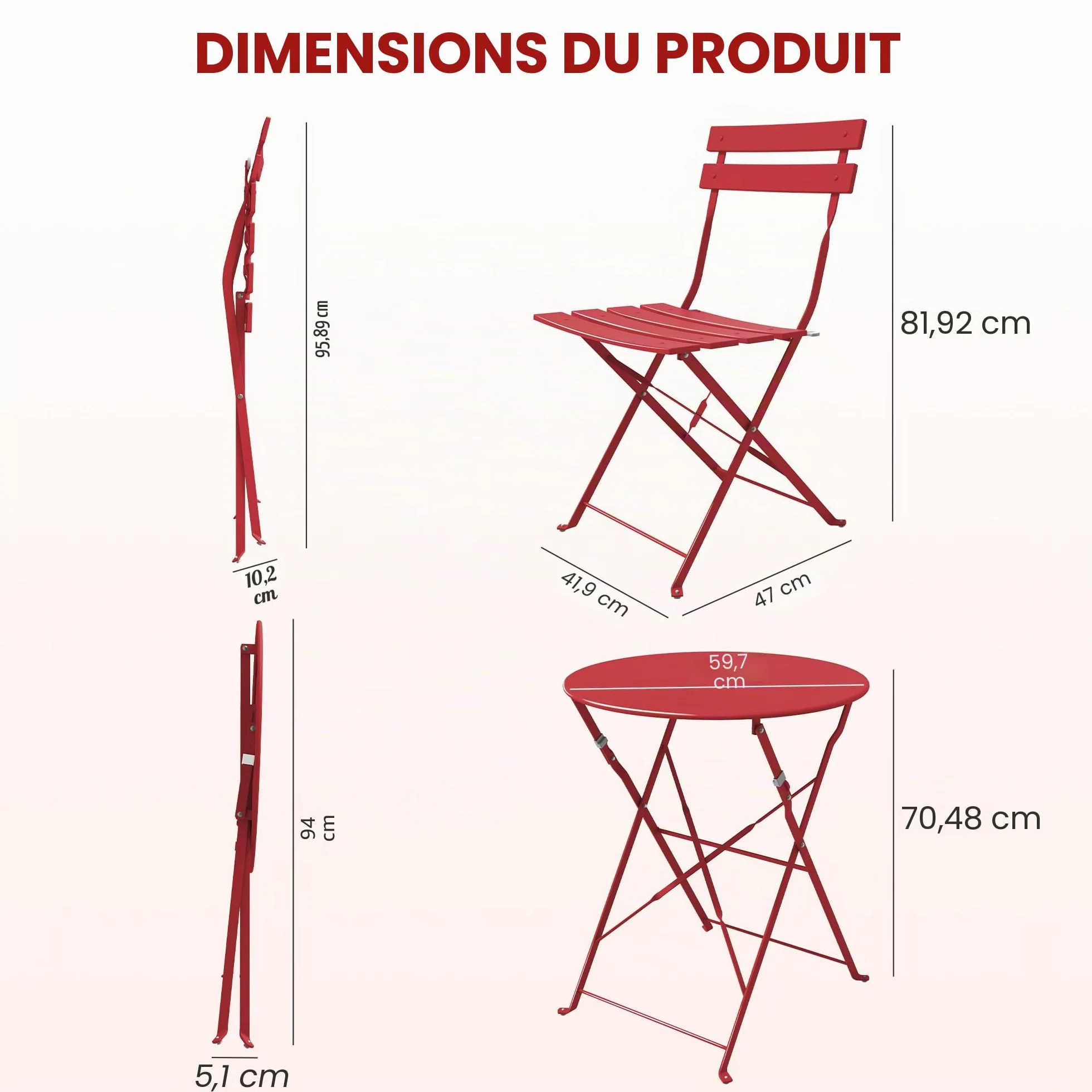 Salon de Jardin Ensemble Table et Chaises Pliables Acier thermolaqué Rouge