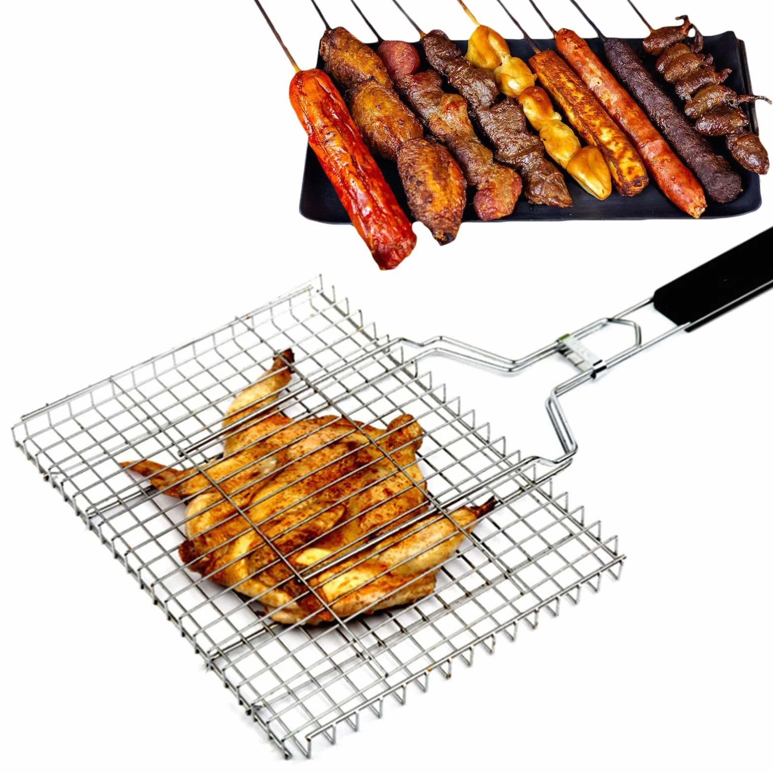 Panier Grille pour Barbecue, Grille de Barbecue Portable avec Poignée Amovible en Bois, Accessoires de Barbecue Grille Panier pour Poisson Rôti, Crevettes, Légumes, 32 x 22 x 3.5 cm
