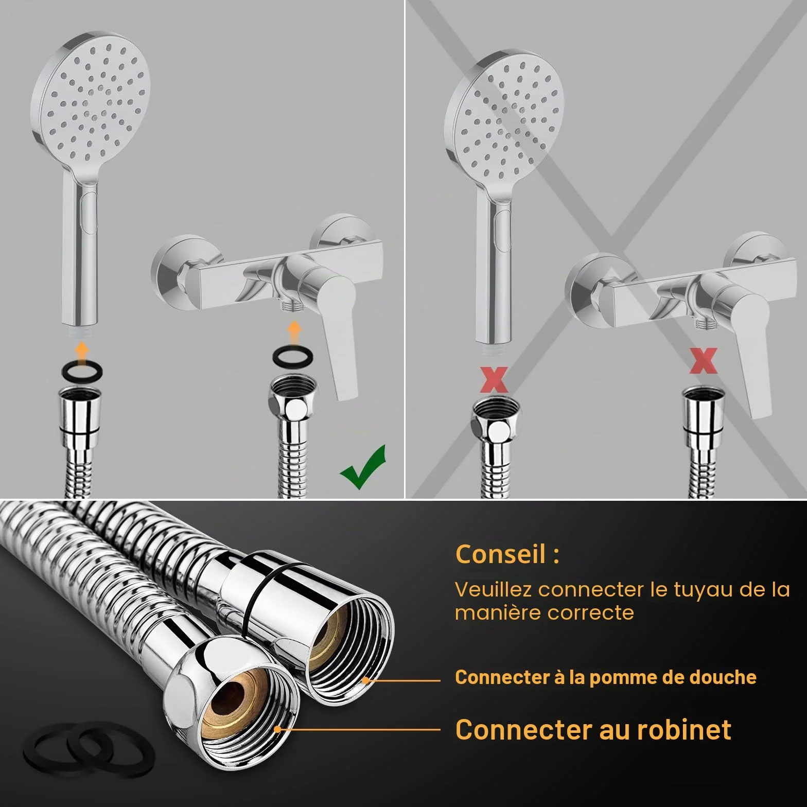 Ibergrif Flexible Douche 1,7m Acier Inoxydable Anti-Torsion Anti-Pliure G1/2" Chrome Argentée