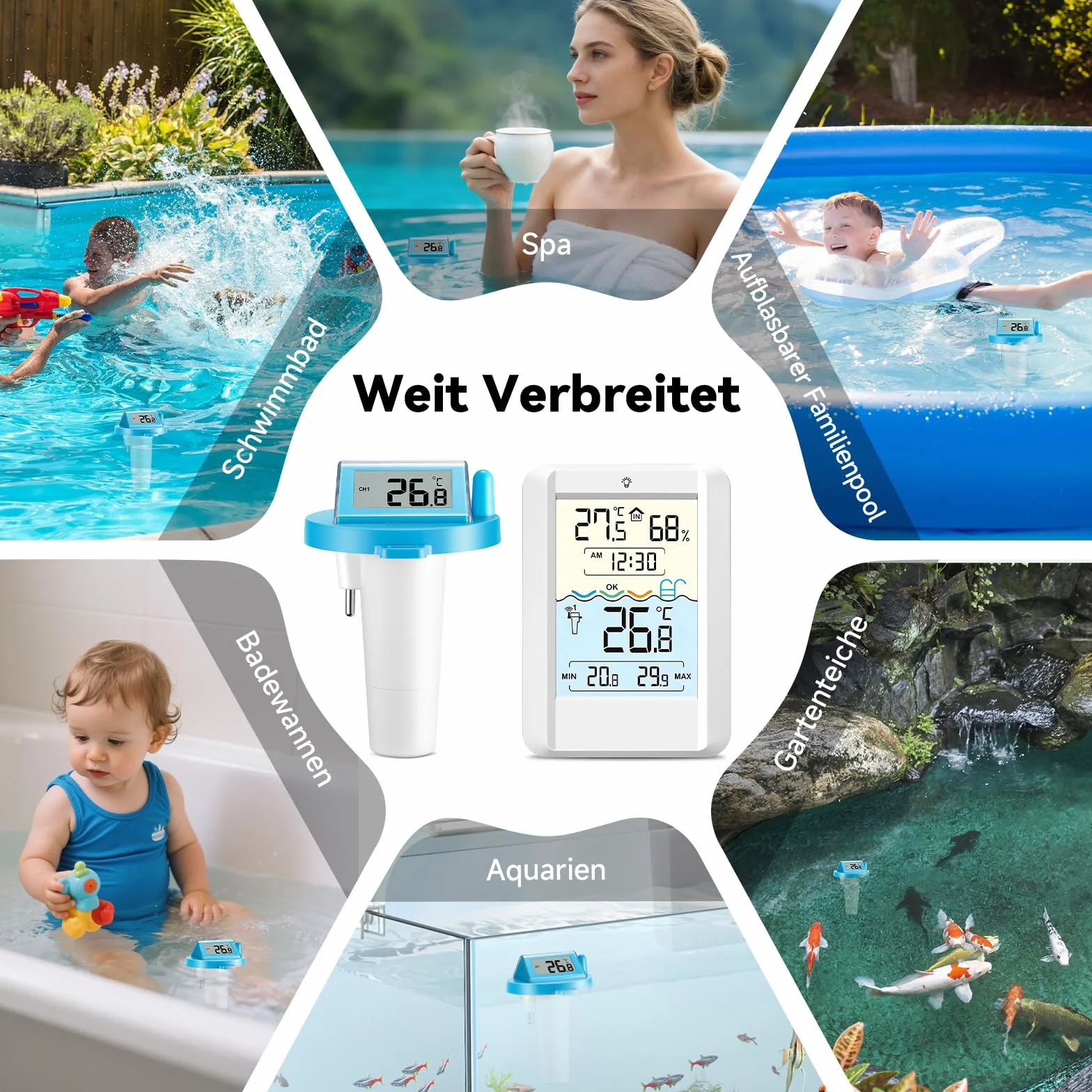 Warmfay Thermomètre de piscine numérique sans fil solaire batterie IP68 récepteur 70 m