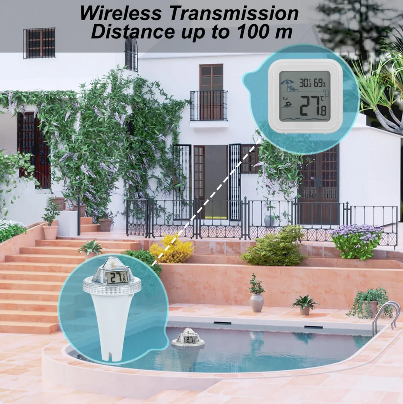 Thermomètre Flottant sans Fil pour Piscine Triple Écrans LCD Moniteur Température Eau Extérieure