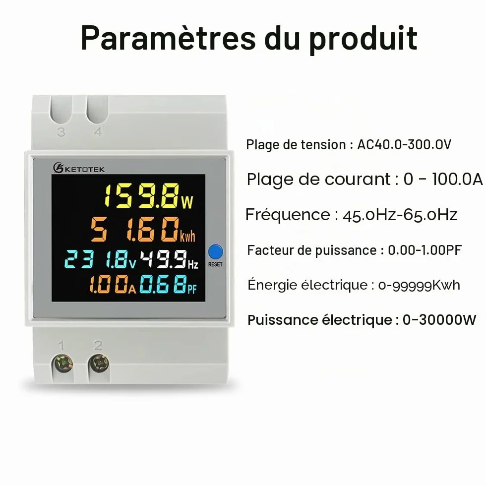 KETOTEK Compteur d'énergie numérique monophasé AC40-300V 100A DIN Rail Type CT