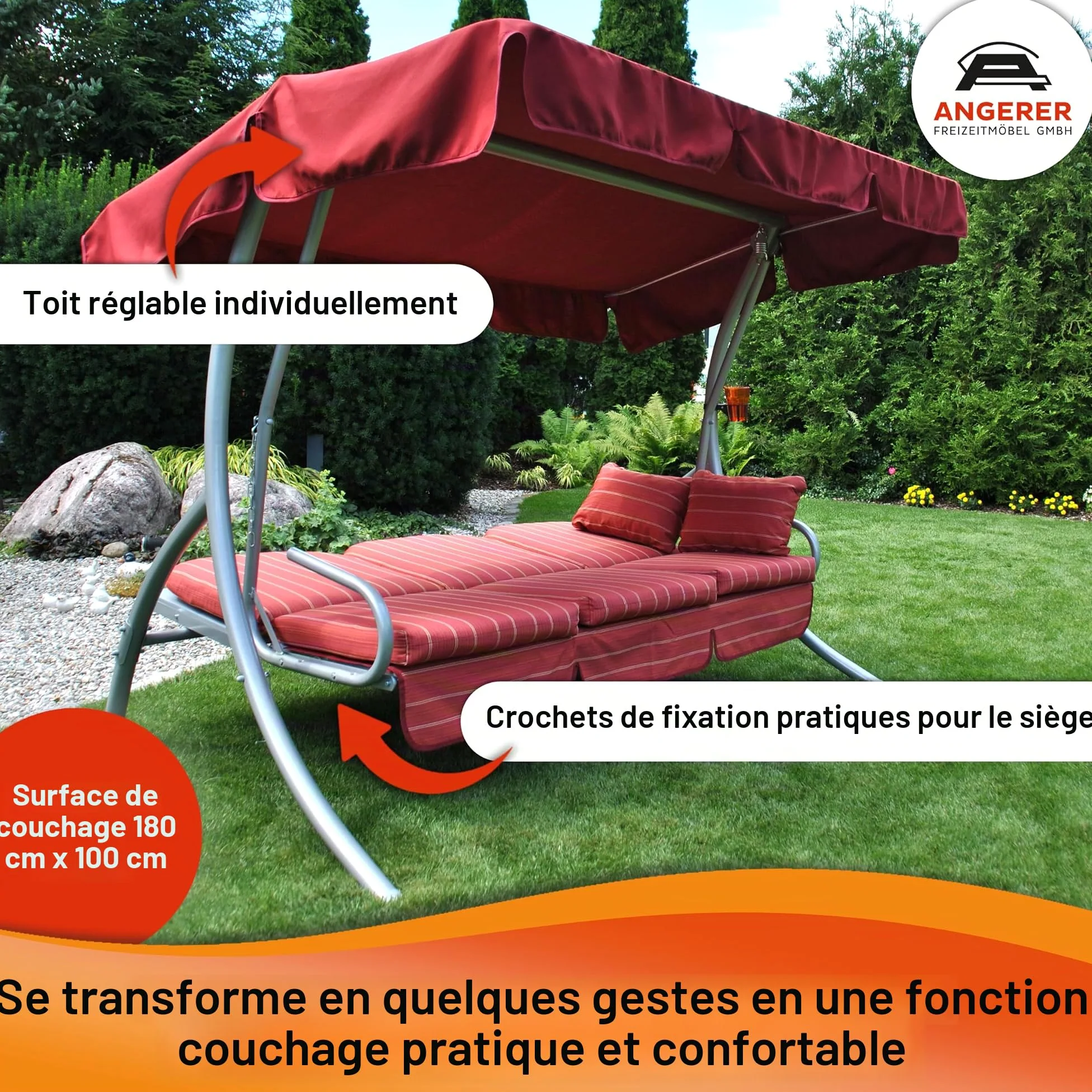 Angerer Balancelle de Jardin Ibiza, 3 Places, Convertible en Lit, Acier Galvanisé, Toit Réglable, 210 x 145 x 160 cm, Capacité 270 kg, Made in Germany (Rayures Vertes)