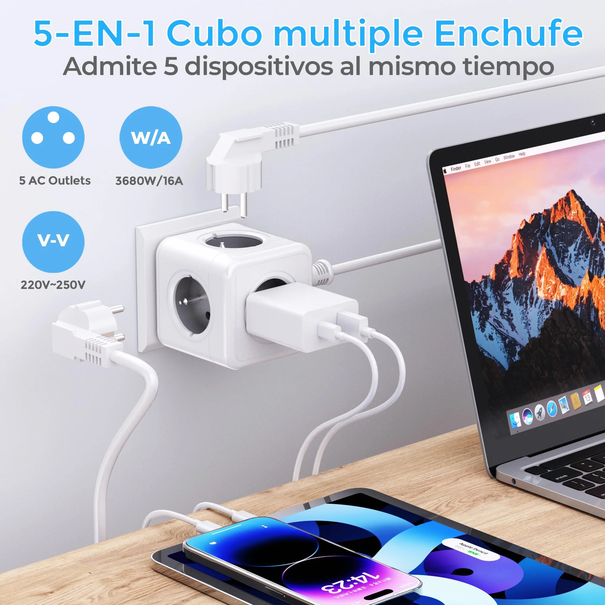 Prise cubique 5 en 1, multiprise murale 3680W, 5 prises frontales avec terre, adaptateur cube gris