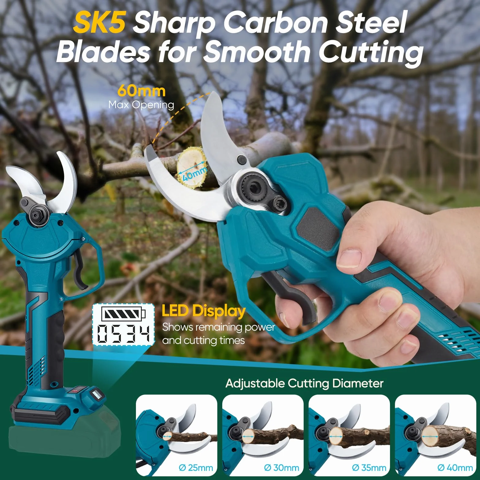 Sécateur professionnel sans fil - 40 mm - 800 W - Moteur sans balais - Avec compteur de coupe LED - Compatible avec batteries Makita 18 V (sans batterie)