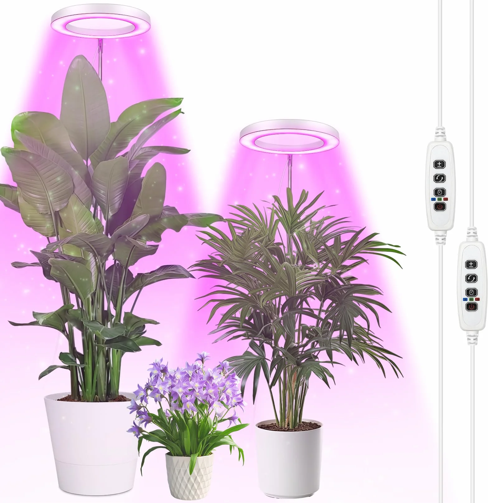 Qoolife Lampe Végétale LED à spectre complet pour plantes d'intérieur, 155 cm, hauteur réglable avec 72 LED, 3 niveaux de luminosité à intensité variable, minuterie 3/9/12 heures 2 paquets Blanc