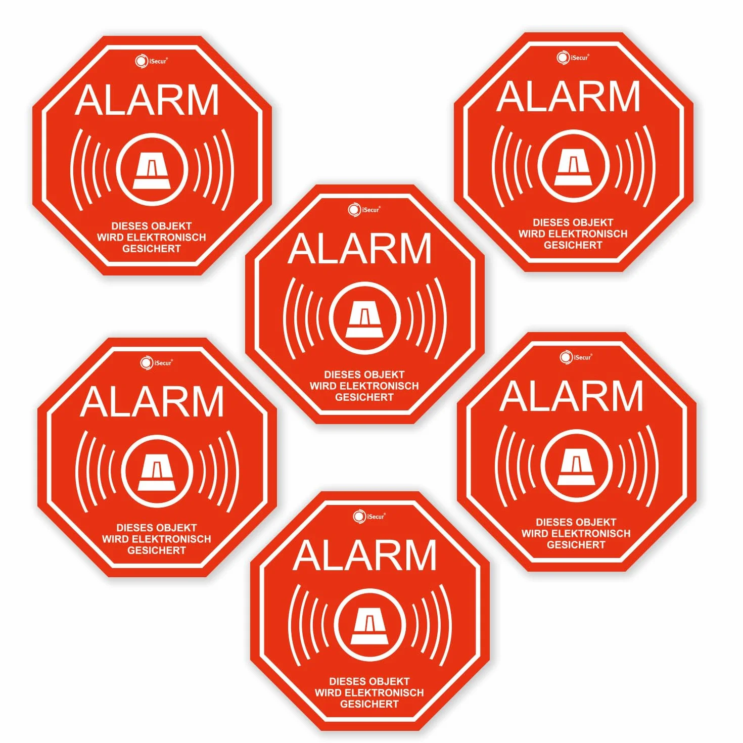 Autocollants d’alarme 5x5 cm Attention objet sous protection électronique pour fenêtre vitre porte extérieur résistant aux intempéries Set de 6