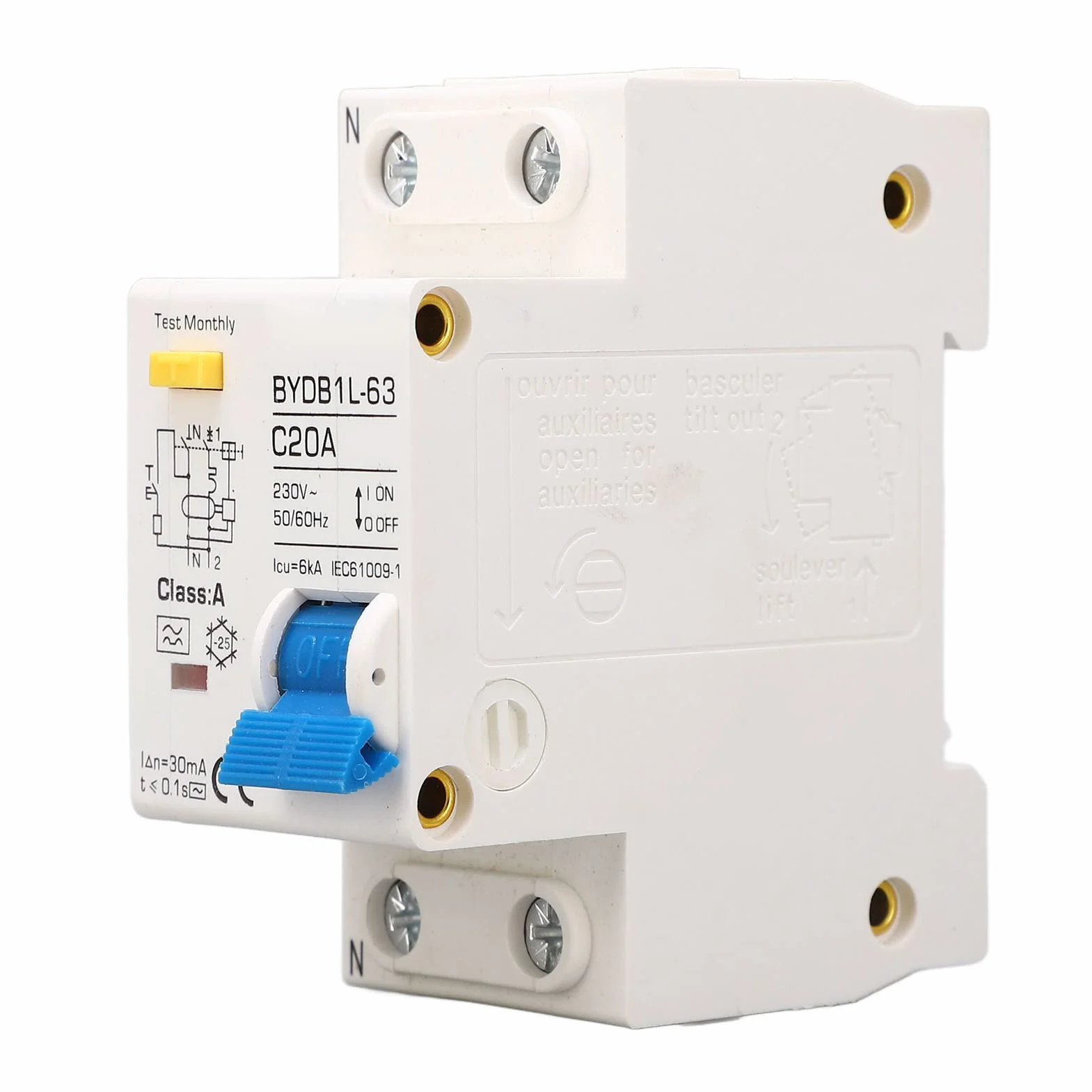 BYDB1L 63 Disjoncteur Différentiel 20A Type A 30mA Protection PA66 230V