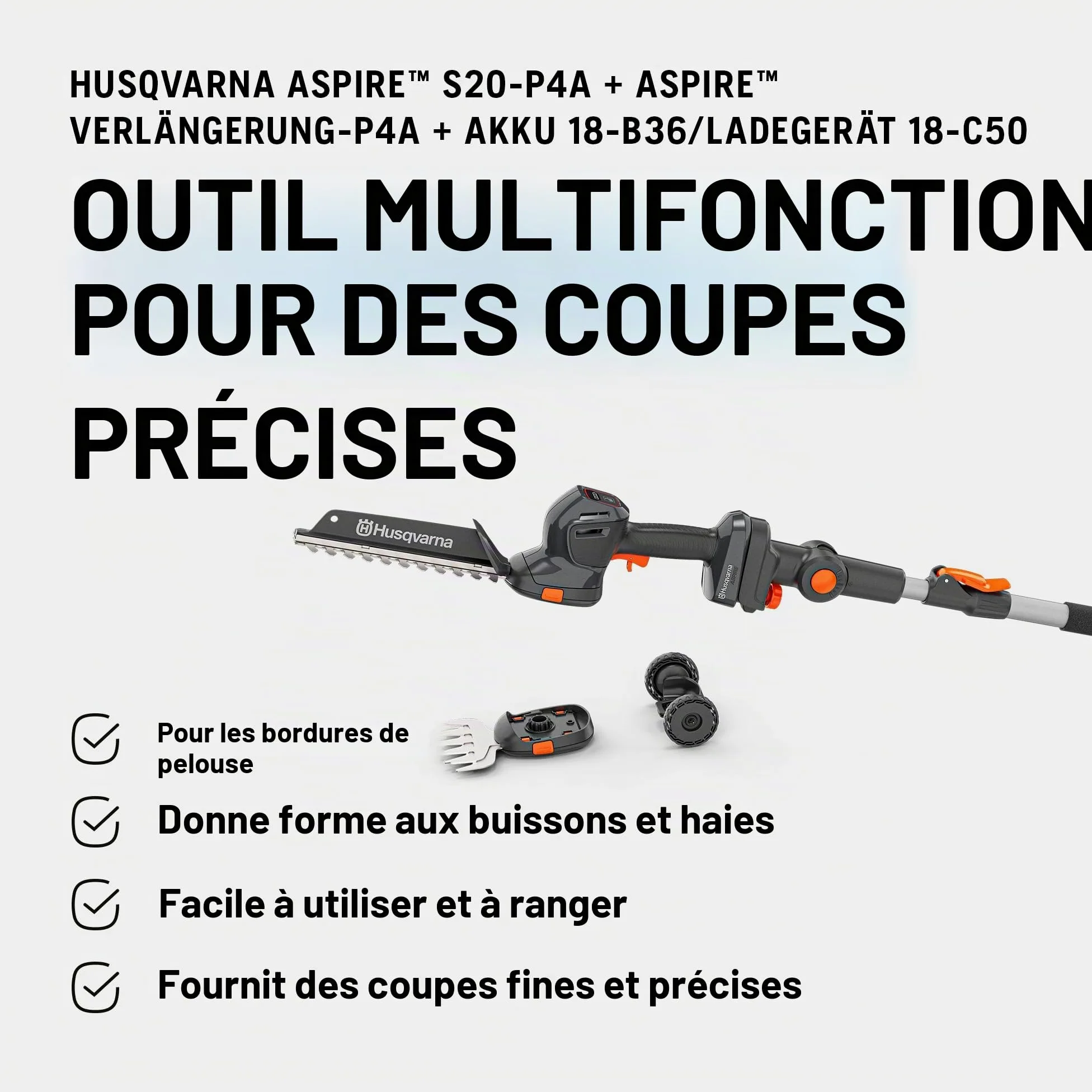 Husqvarna Aspire S20-P4A Cisaille à gazon et à arbustes sans fil avec rallonge, lame de cisaille à arbuste et à gazon, 18 V (avec rallonge, batterie et chargeur)