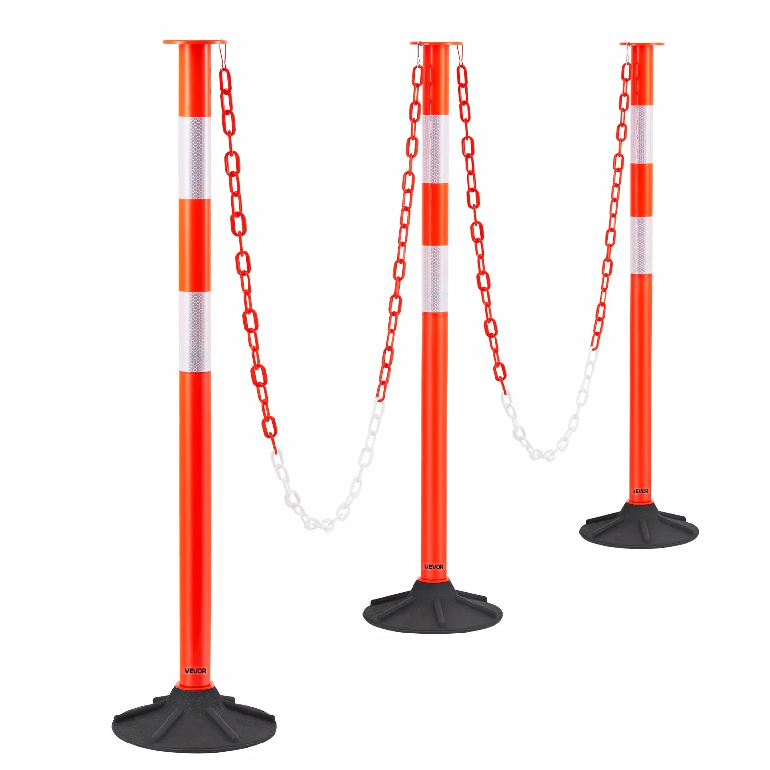 VEVOR Poteau de Signalisation 3PCs 87,1 cm, Balise Délimitation Base Lestée, Bandes Réfléchissantes Chaîne