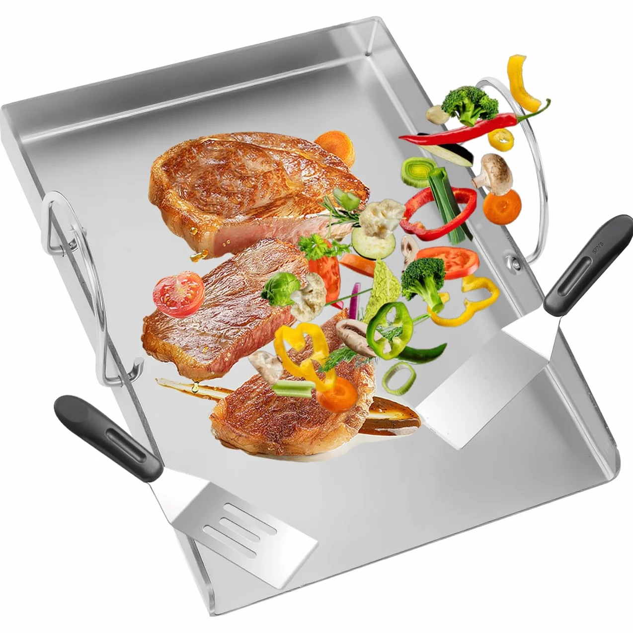 Plaque de cuisson en acier inoxydable - 40 x 30 cm - Épaisseur : 4 mm - Avec poignée amovible - Plaque de cuisson pour barbecue à gaz, barbecue à charbon et hamburgers - Plaques de cuisson