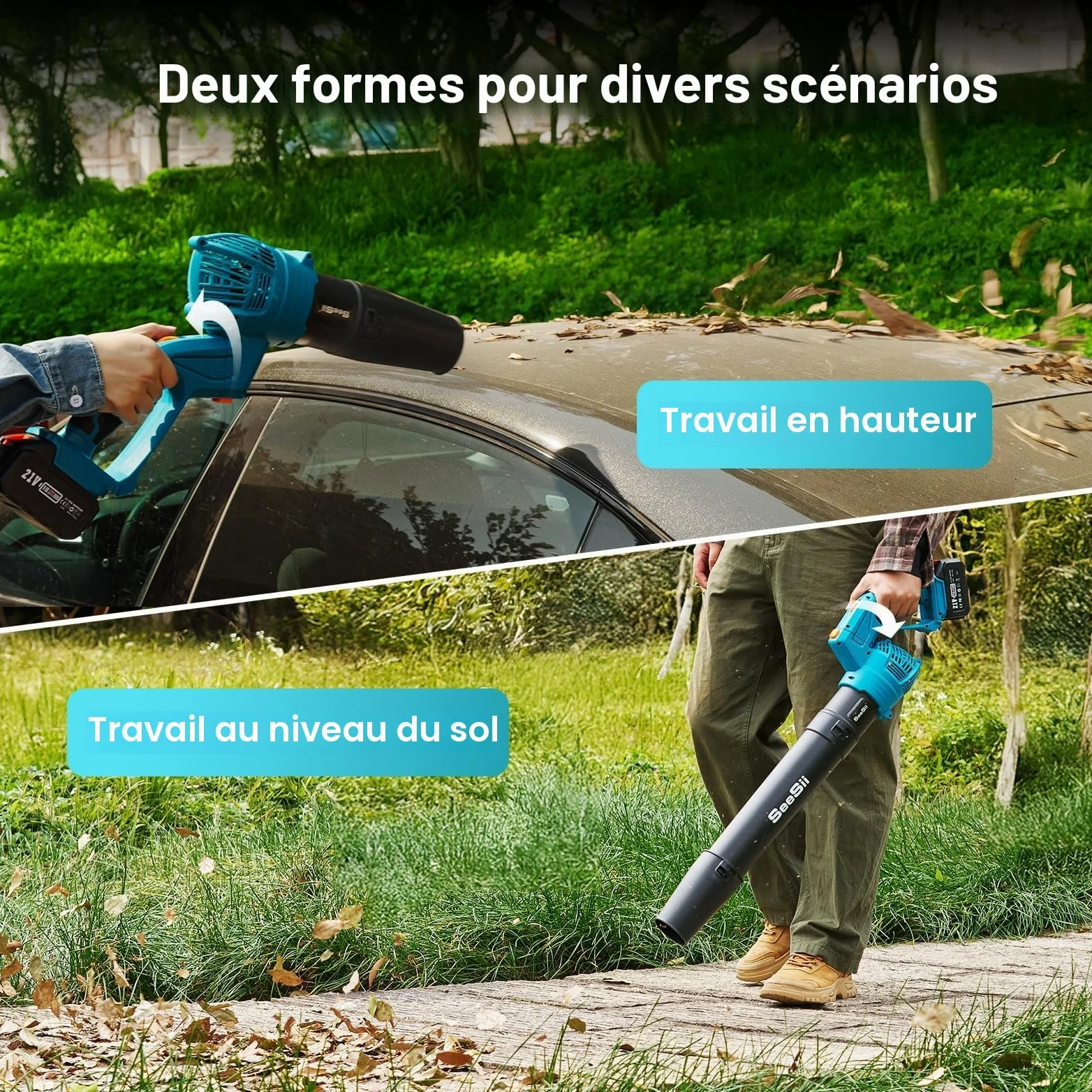 SEESII Souffleur à feuilles sans fil avec 2 batteries de 4,0 Ah et chargeur, 5 niveaux de rotation, souffleur électrique d'extérieur pour jardinage, nettoyage des feuilles, léger pour cour, terrasse