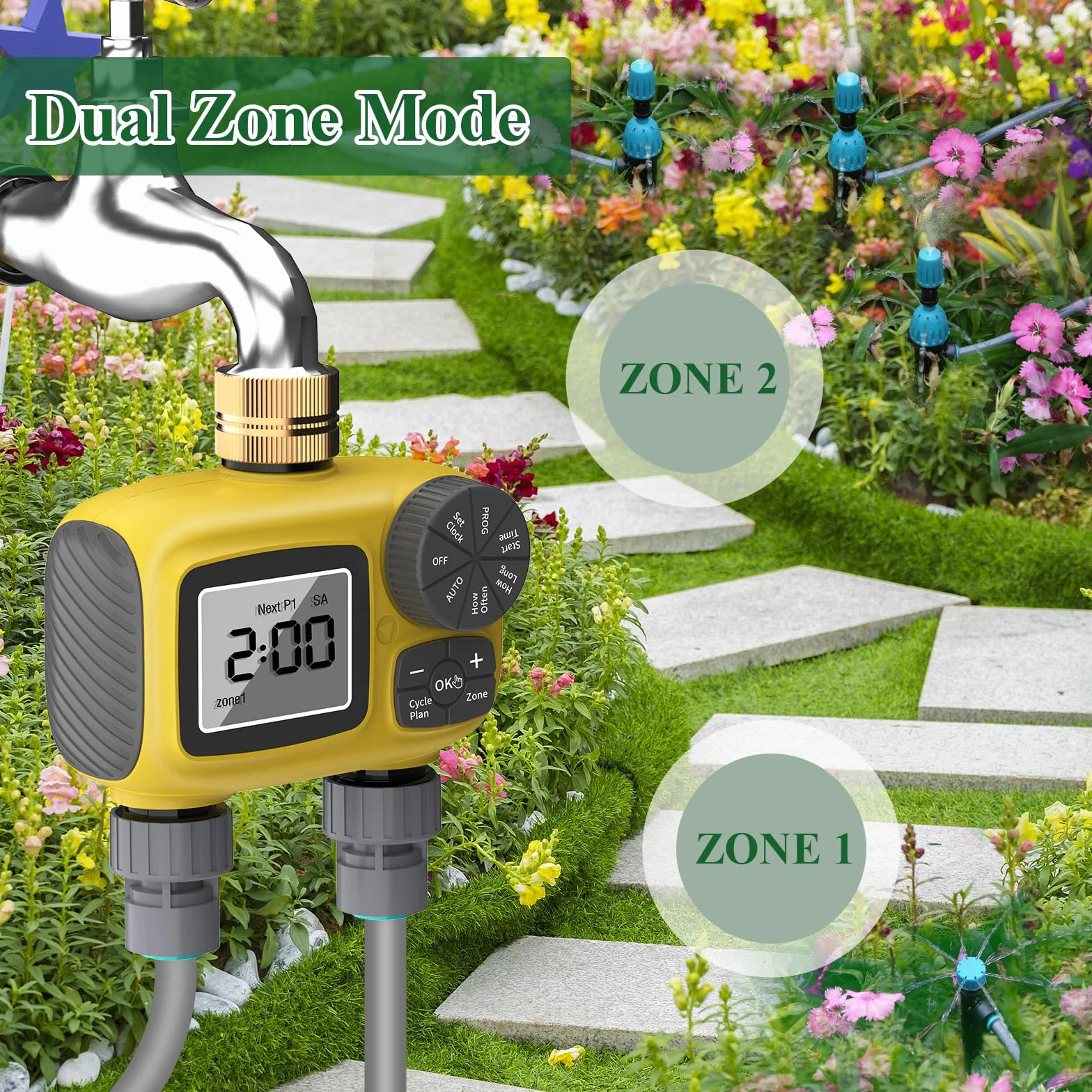 Automatique Programmateur avec Port Double et Goutte à Goutte Accessoires, 2026 Dernières Écran LCD Système D'arrosage Automatique avec 4 Types D'embouts Goutters pour Jardin/Pelouse/Terrasse