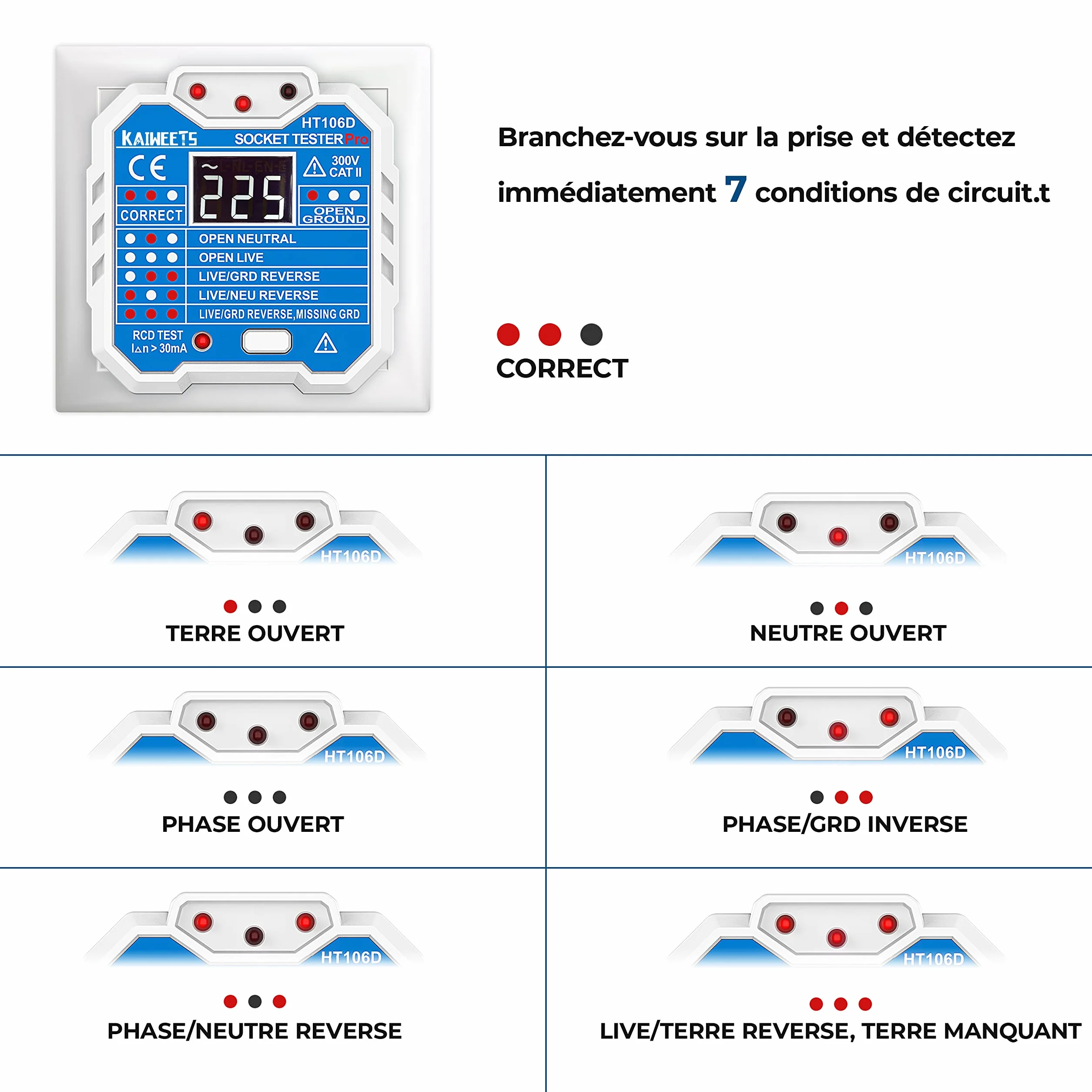 KAIWEETS Testeur de Prise, Testeur de Circuit Electrique, 48-250V CAT II 300V
