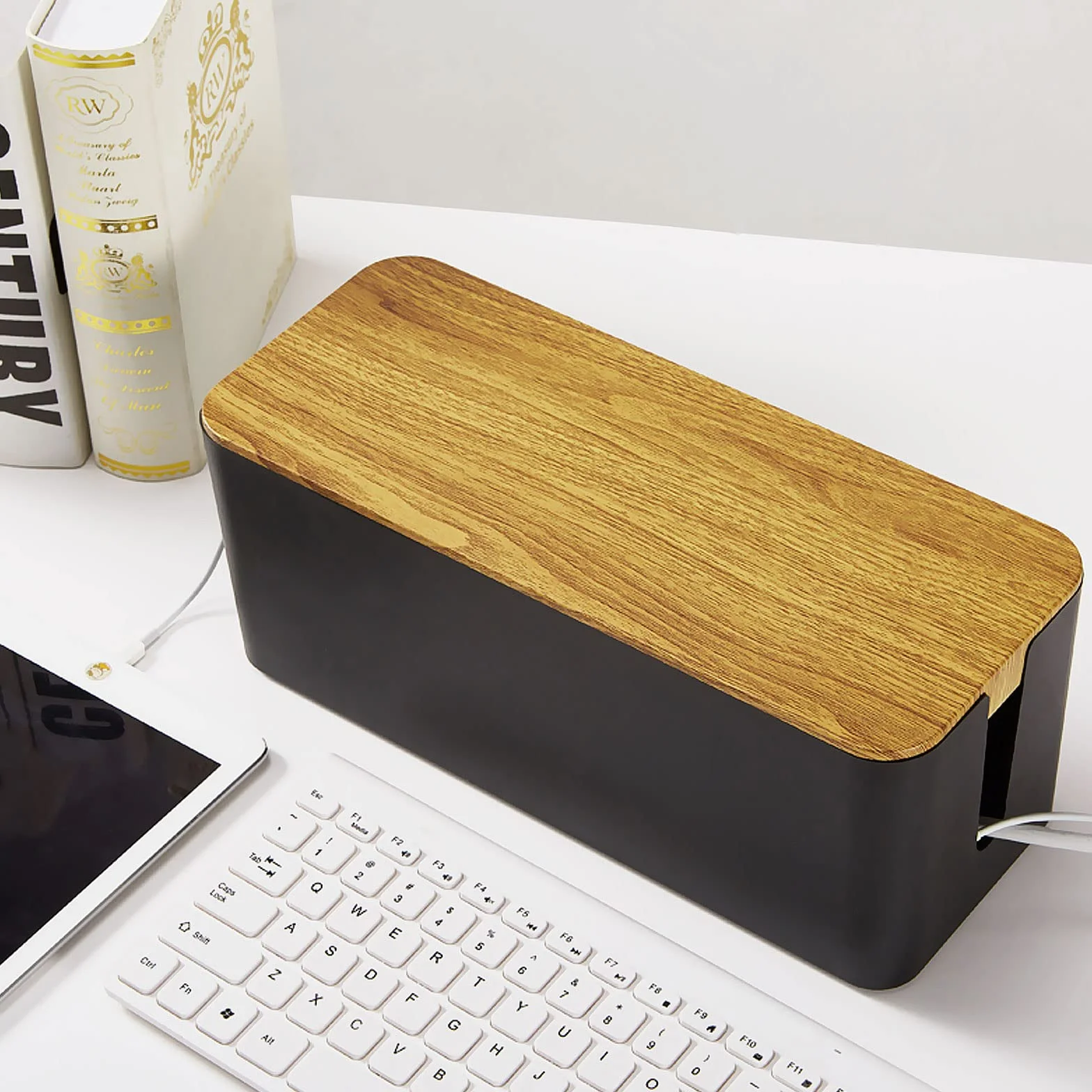 Boîte de Rangement de Câbles Noir, Cache Multiprise Électrique avec Couvercle Bois, 3 Pcs 3 Tailles