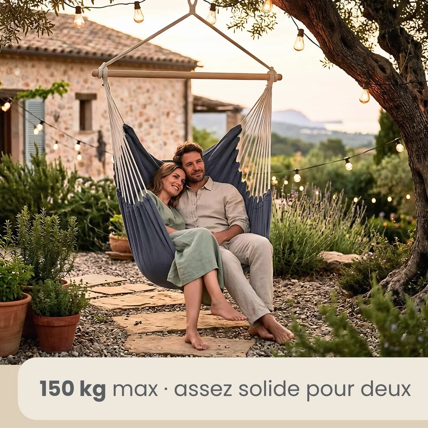 AMANKA XXL Chaise Hamac 185x130cm 150kg Fauteuil Suspendu Balançoire 2 Personnes 100% Coton Rotation 360° Intérieur Extérieur