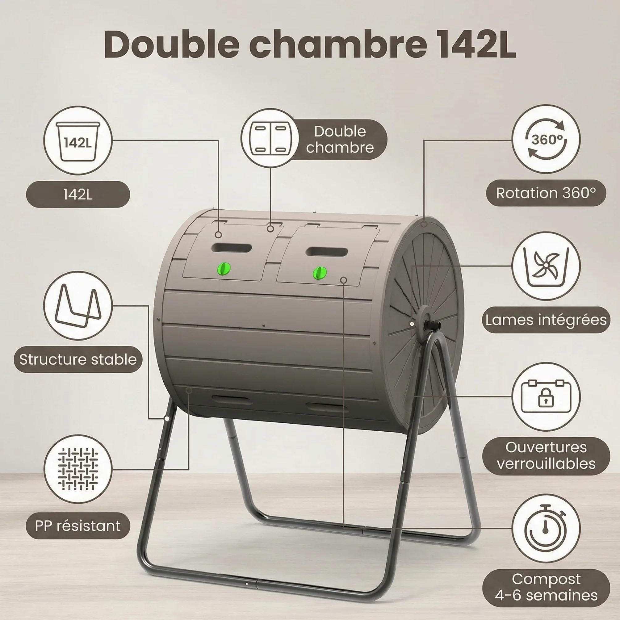 GOPLUS Composteur de Jardin Rotatif à 360° Exterieur, Bac à Compost en PP à Double Chambre 142L, 2 Portes Verrouillables et Support Métallique, 2 Pales Mélangeuses pour Compostage Rapide, Terrasse