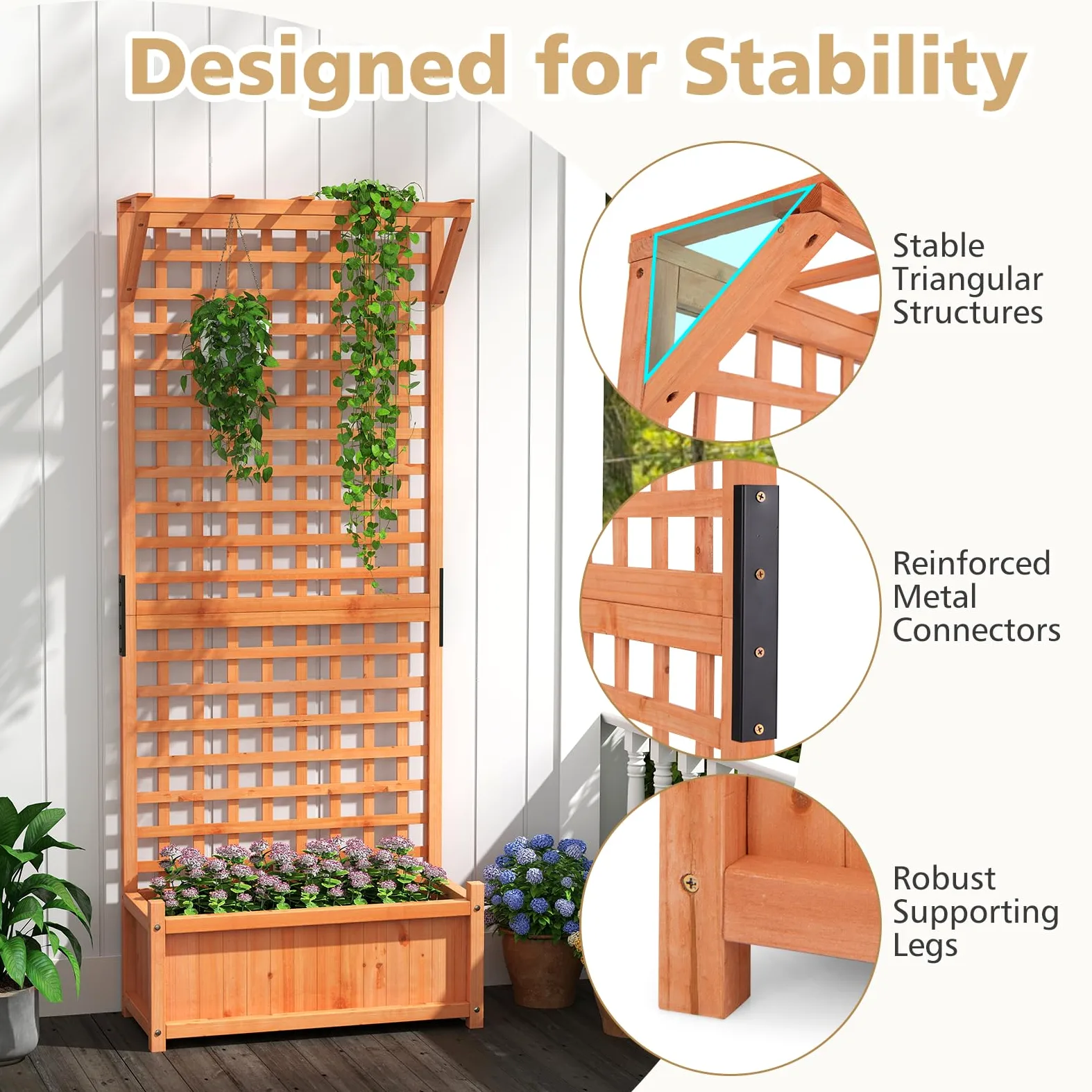 GOPLUS Jardinière avec Treillis 183cm en Bois de Sapin, Trou de Drainage pour Plantes Grimpantes, Fleurs, Bac à Fleurs avec Treillis pour Cour, Jardin, Balcon, 75x33x183cm