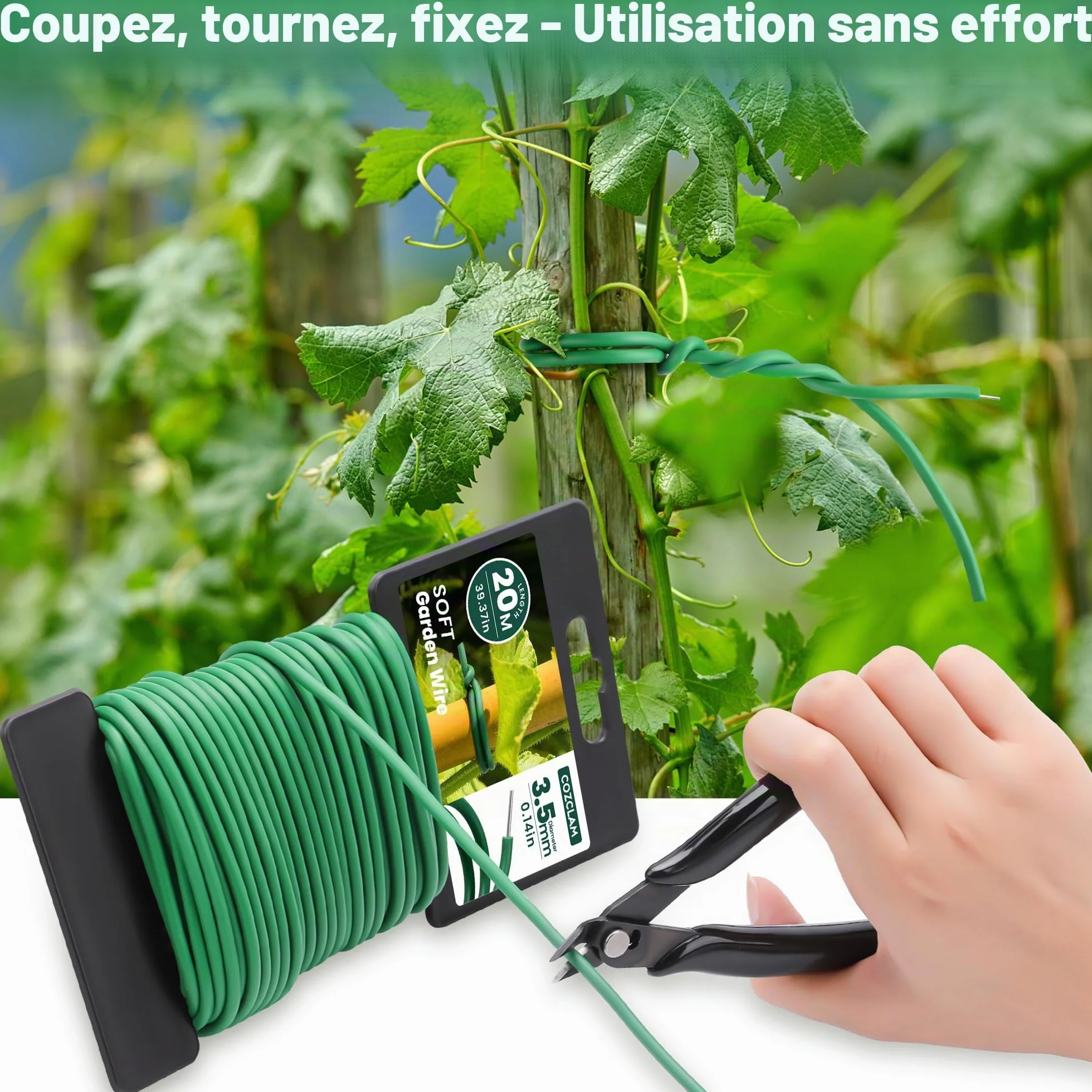 COZCLAM 2 x 20m Fil de Fer Jardin avec Coupe, 3.5mm Fil de Fer Cloture, Fil de Fer Vert de Plastique pour Le Jardinage, Tomates, Fil de Fer Souple Loisir Creatif pour Organiser Les Câbles, Projets