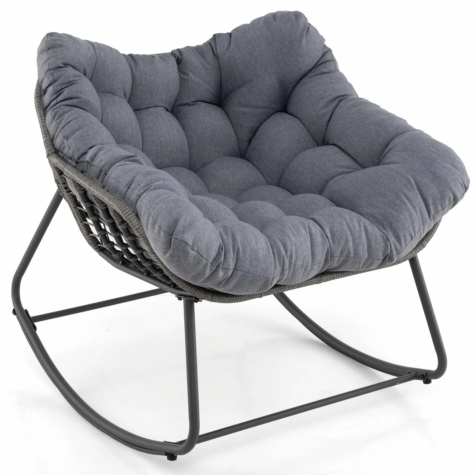 COSTWAY Fauteuil a Bascule Exterieur Interieur, Rocking Chair en Rotin PE, Coussin Épais Amovible, Bande Antidérapante, Fauteuil Œuf pour Balcon Porche Salon, Charge 150 kg, 98 × 98 × 87 cm (Gris)