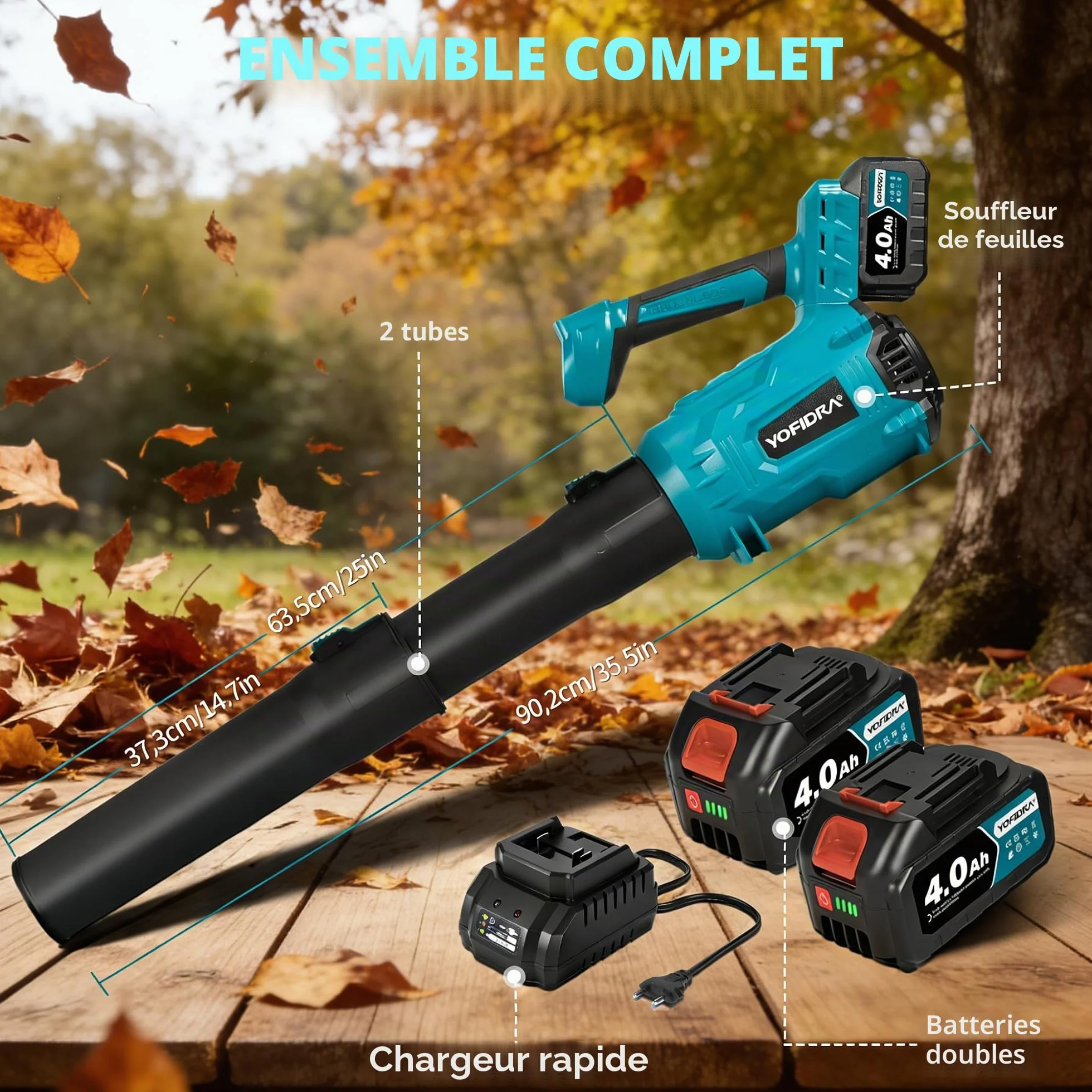 Souffleur de Feuilles sans Fil 400 km/h Moteur sans Balais 25000 TR/MIN 6 Vitesses 2 Batteries