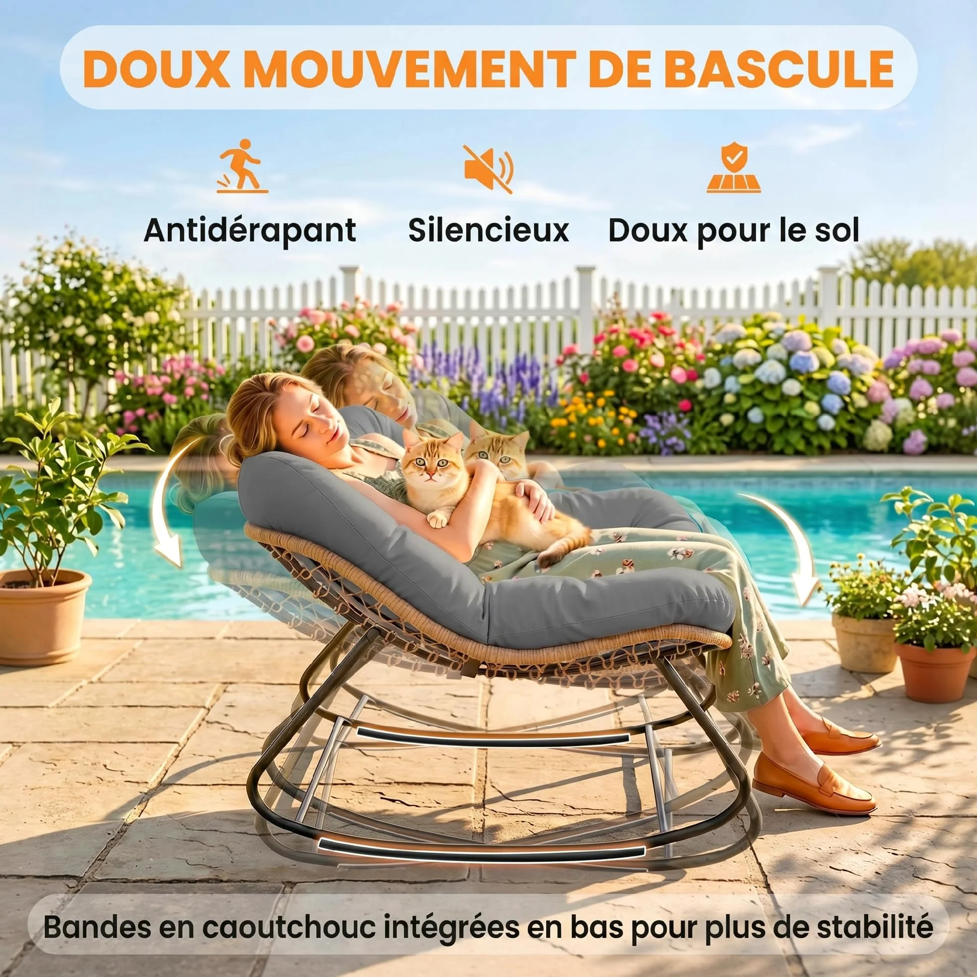 Outsunny Fauteuil à Bascule Papasan, Fauteuil à Bascule Intérieur Extérieur en Résine Tréssée avec Coussin, Chaise Ovale rembourrée en Rotin pour Salon, Jardin, Patio, Balcon, Gris