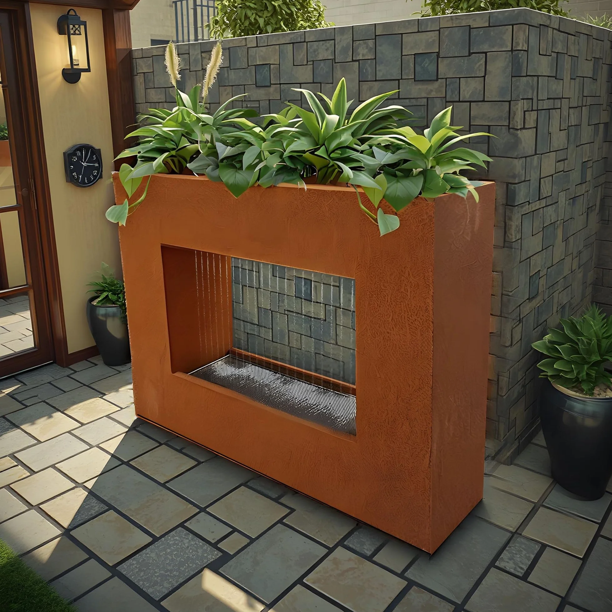 KÖHKO® Rideau d'eau plantable LED 60 cm acier Corten jardinière acier inoxydable Cascade Fontaine d'intérieur