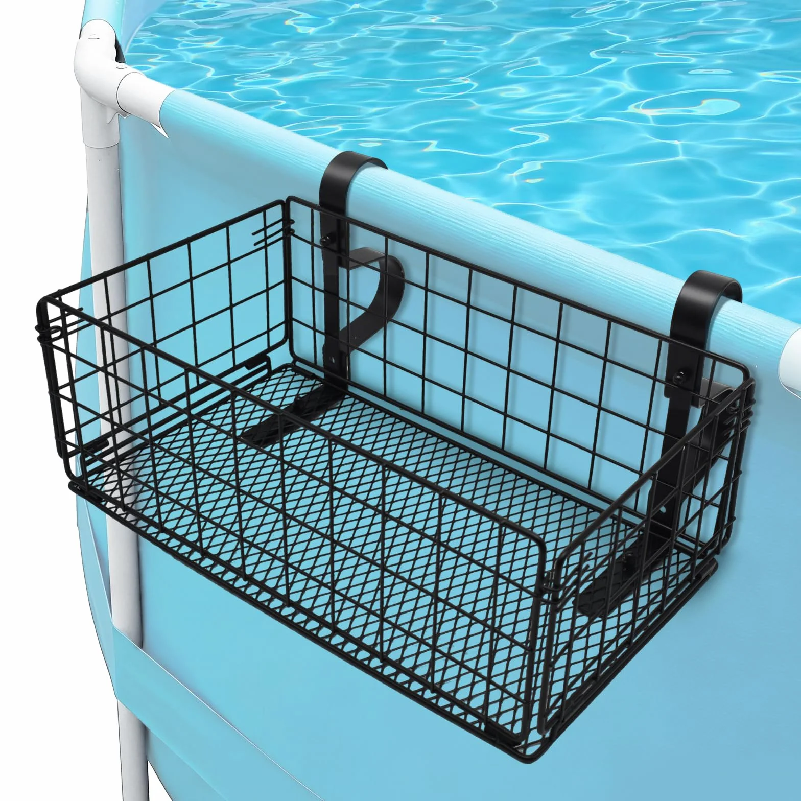 Panier de Rangement au Bord de la Piscine, Pliable Panier Rangement Piscine Hors Sol en Métal Motif Ajouré Accessoire de Piscine pour Les Jouets de Piscine, Les Serviettes, Les Boissons