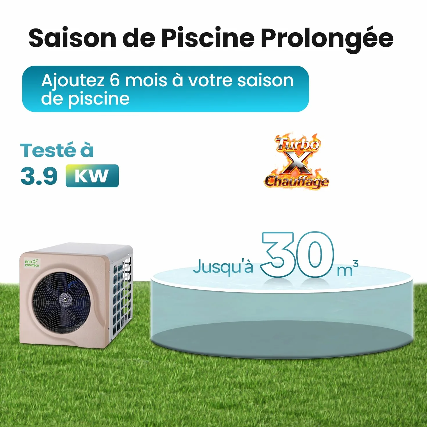 ECOPOOLTECH Pompe à Chaleur Piscine Hors Sol 30 000 l - 3,9 KW Chauffage Marron