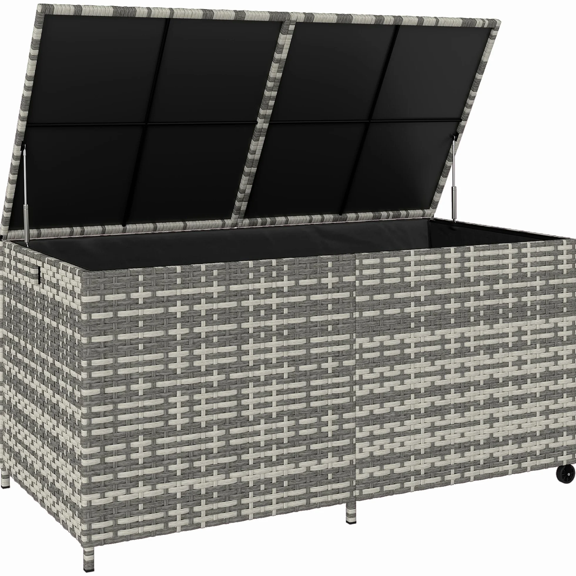 Outsunny Coffre de jardin résine tressée 650 L imperméable extérieur rangement avec doublure zippée tige pneumatique sécurisée 2 roues 150x75x74 cm gris