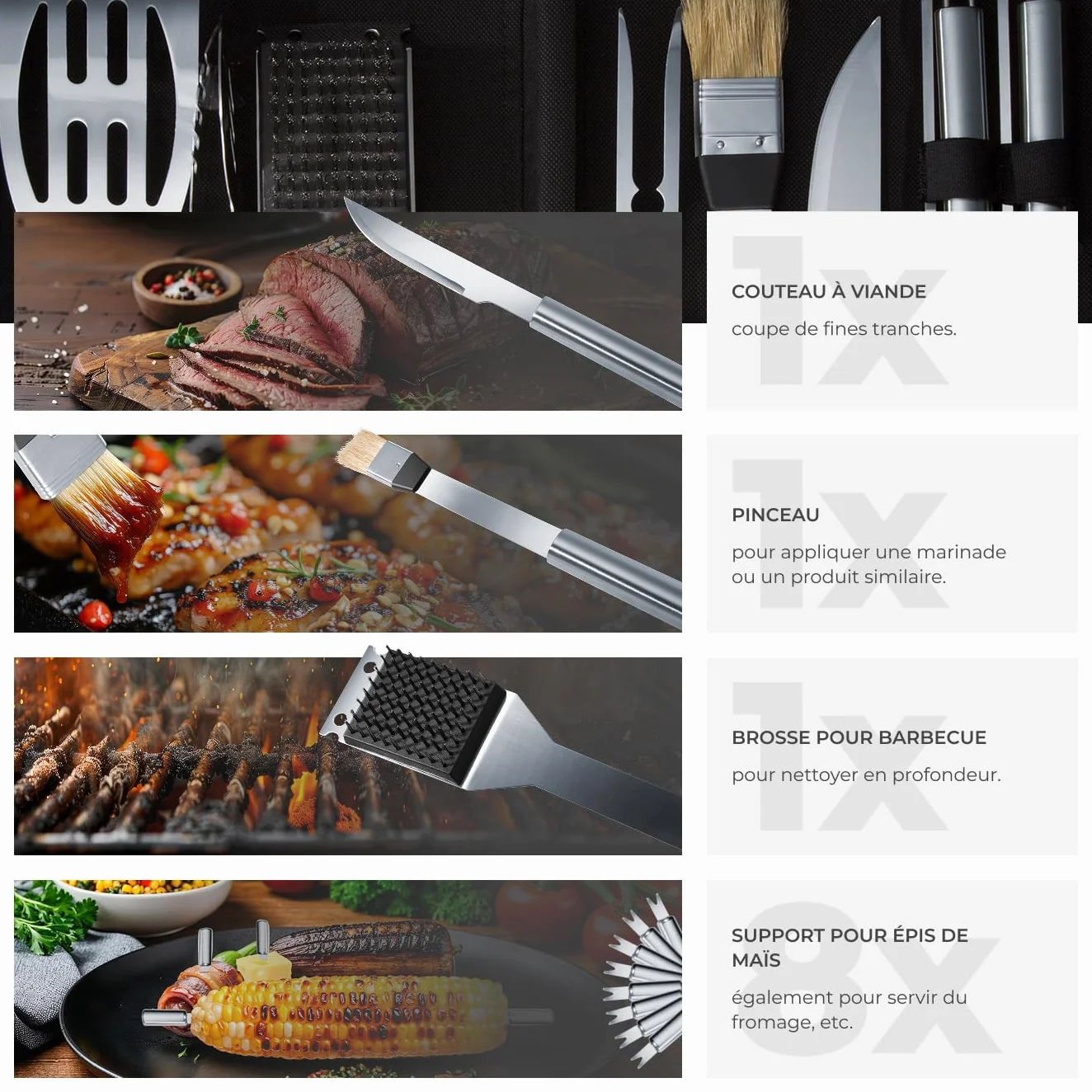 Malette Accessoires Barbecue 18 pièces Acier Inoxydable Coffret Aluminium Kit Grill Plancha Brasero BBQ Ustensiles