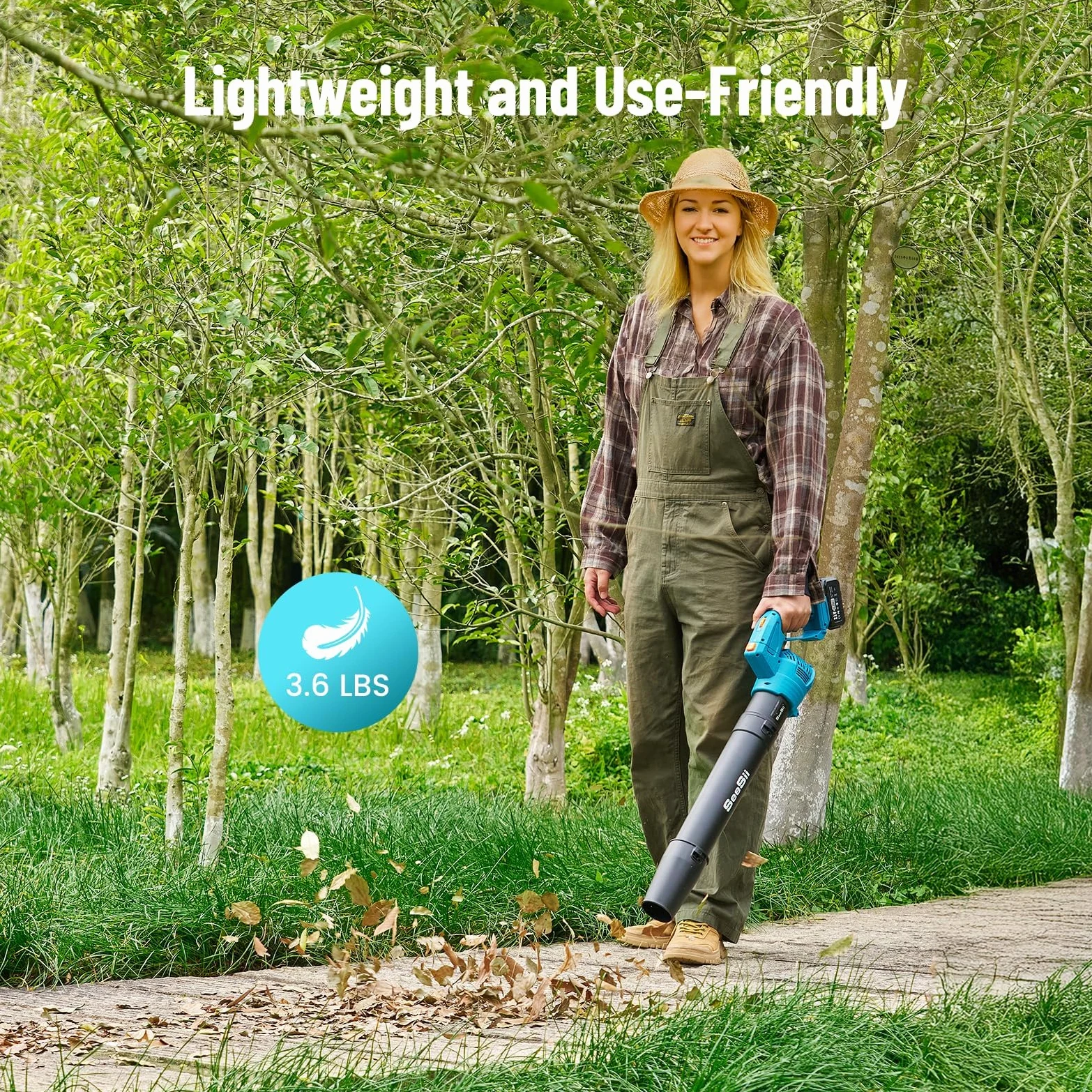 SEESII Souffleur à feuilles sans fil avec 2 batteries de 4,0 Ah et chargeur, 5 niveaux de rotation, souffleur électrique d'extérieur pour jardinage, nettoyage des feuilles, léger pour cour, terrasse