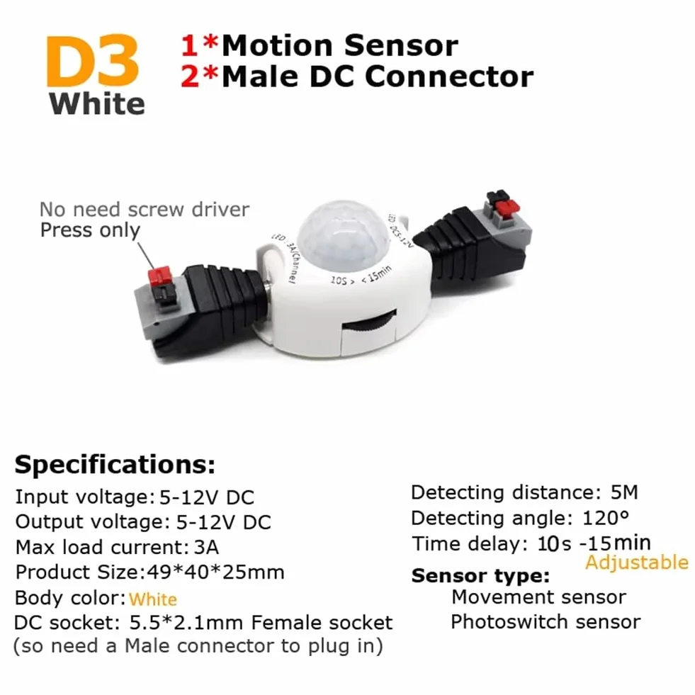 Interrupteur de Lumière à Capteur de Mouvement 12V, PIR, Minuterie 5V DC