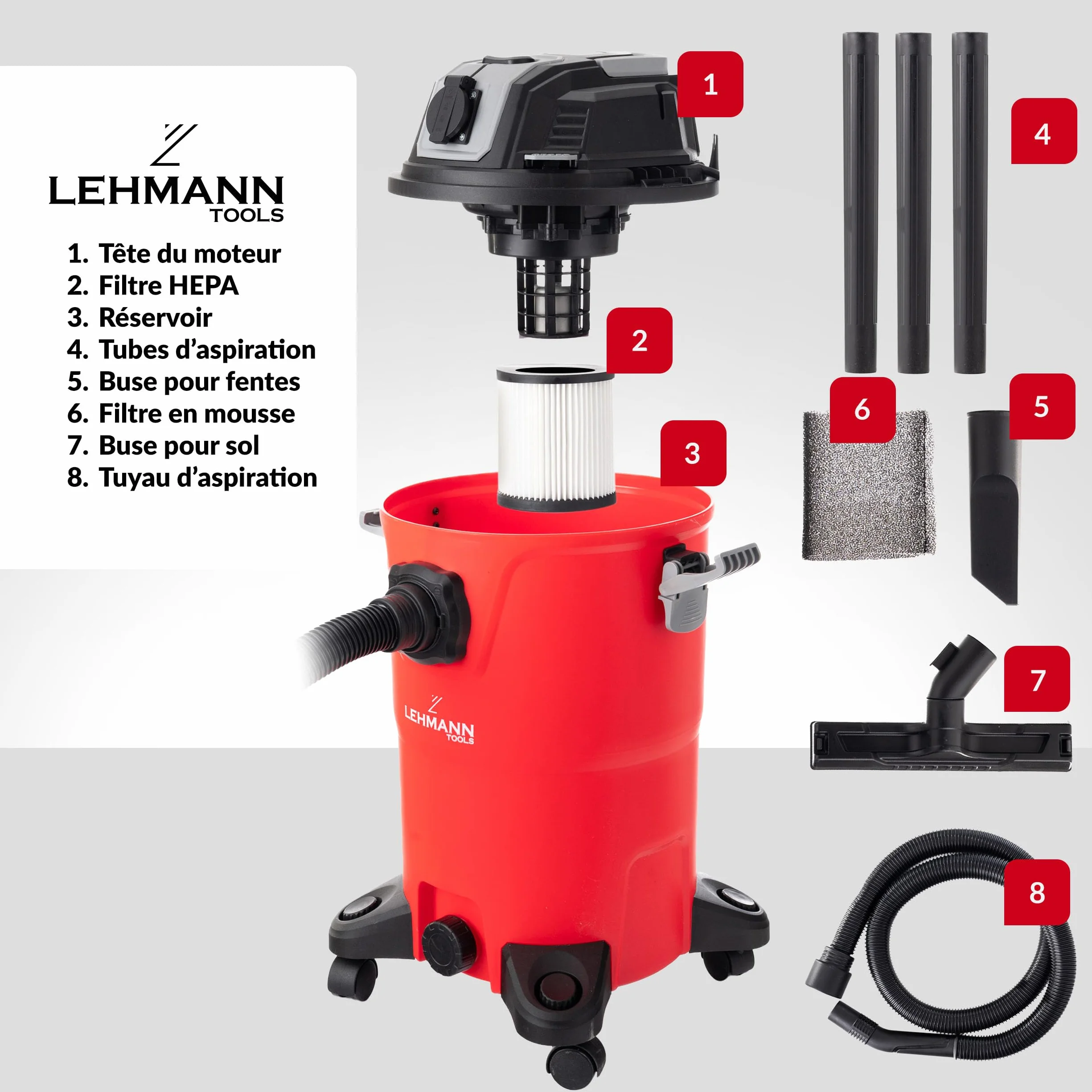 LEHMANN Aspirateur Industriel sans Sac 30L 2000W HEPA Eau et Poussière avec Prise Soufflage Secoueur de Filtre