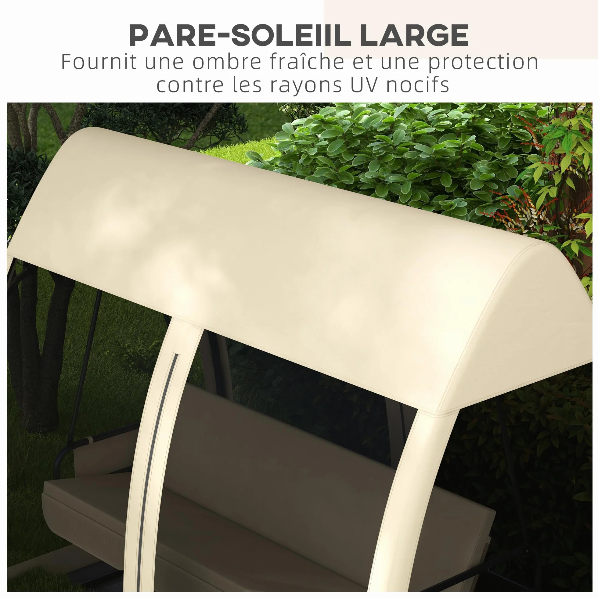 Outsunny Balancelle de Jardin Convertible 3 Places avec Auvent et Coussins, Beige