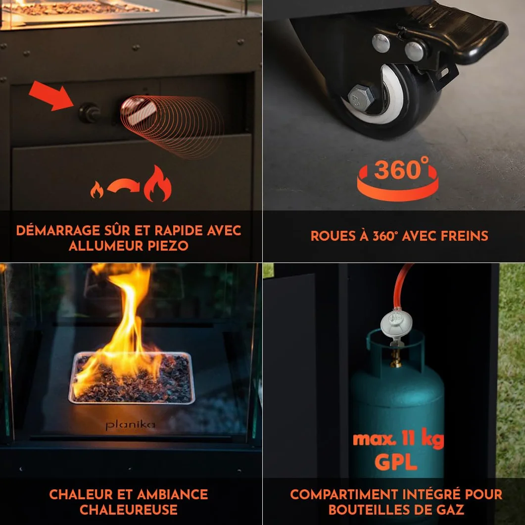 Planika Faro Foyer Décoratif Cheminée Jardin Chauffage Terrasse Gaz Propane 8kW Noir Portable