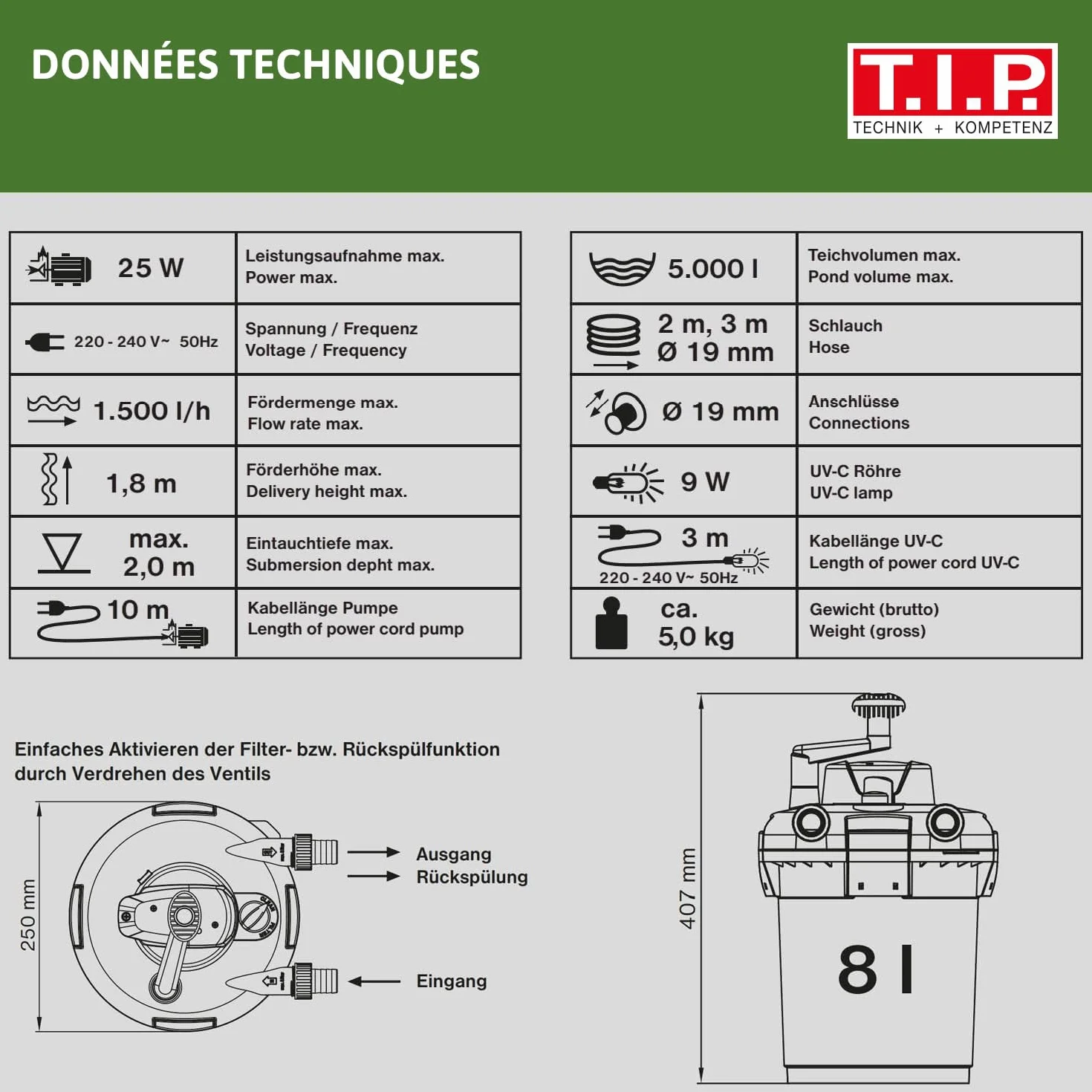 T.I.P. TFP 5000 UV 9 Kit de Filtration Sous Pression 25W 1500 l/h pour Bassins 5000 l