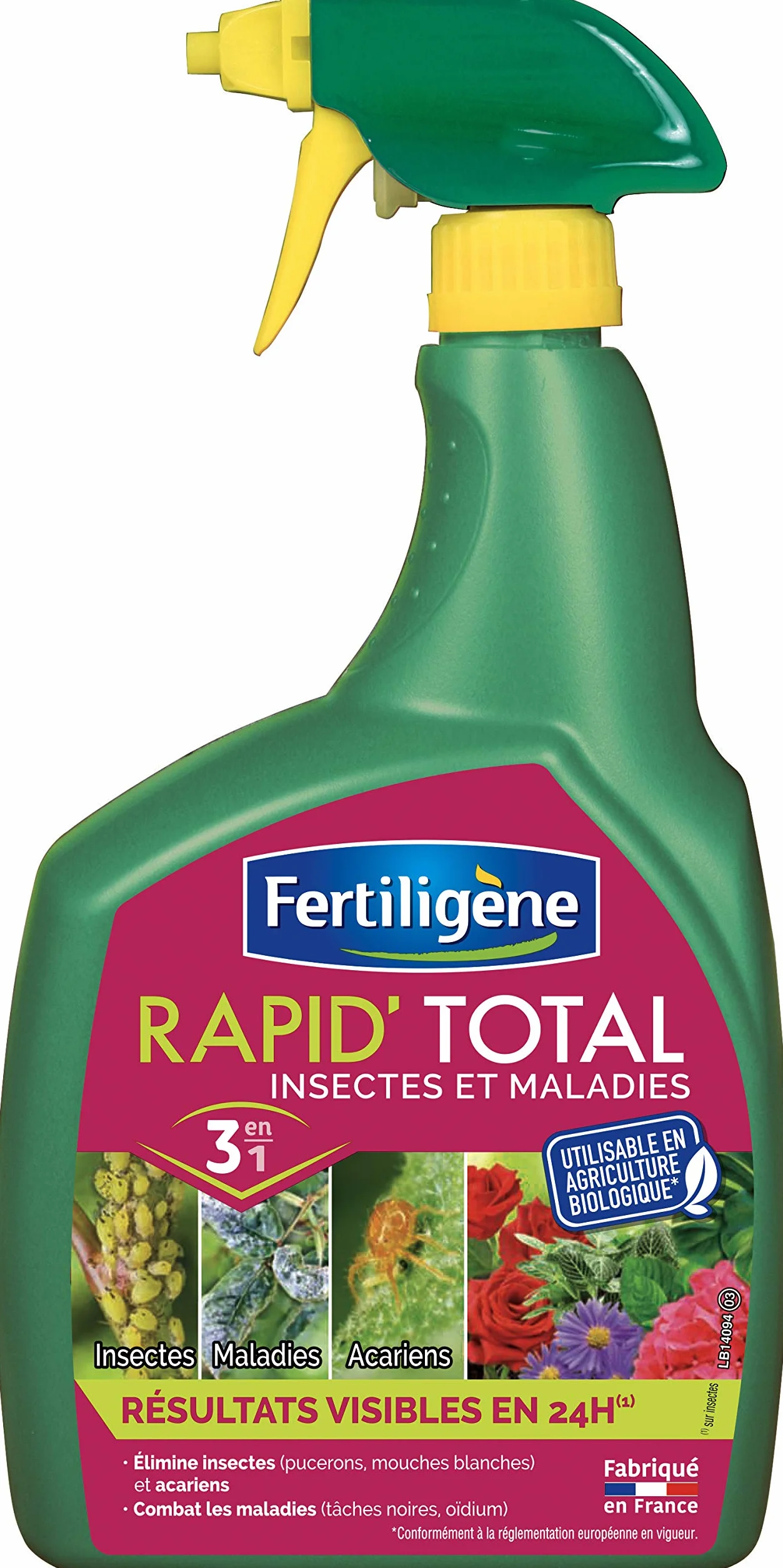 FERTILIGÈNE Rapid' Total – Traitement 3-en-1 Insectes, Acariens & Maladies – Prêt à l'Emploi – Utilisable en Agriculture Biologique – 800ml